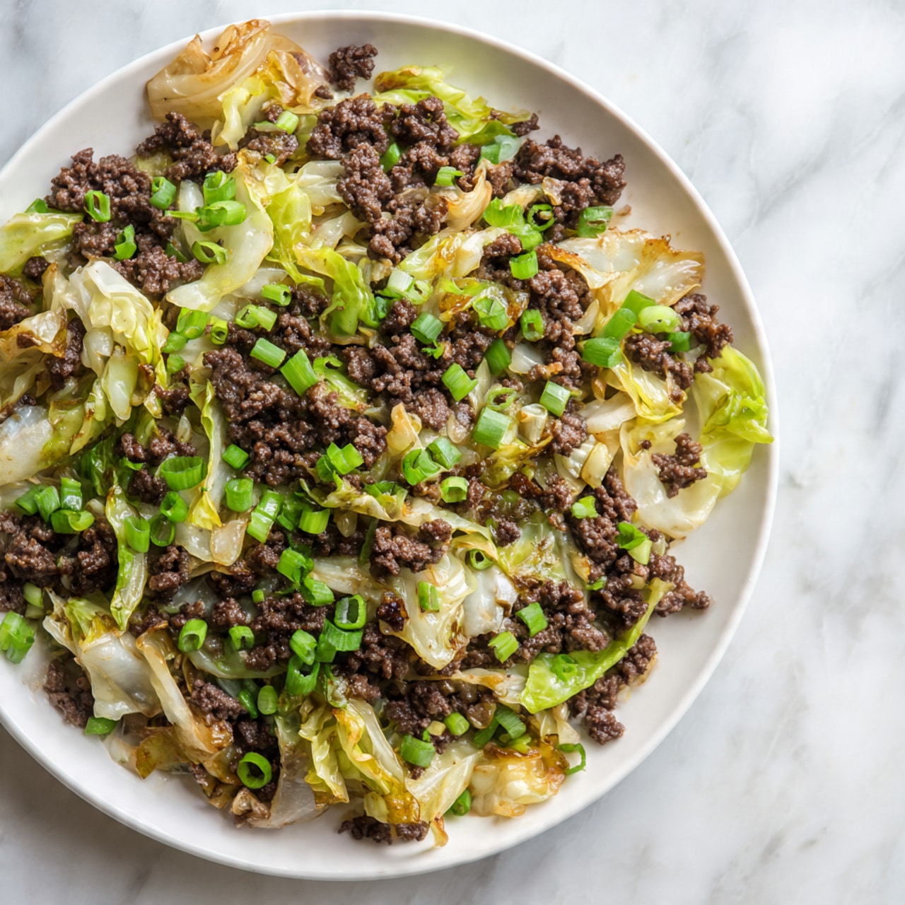 The dish is served on a white plate filled with cooked ground beef that is dark brown in color and has a slightly shiny texture, mixed with tender, pale yellow cabbage pieces that have some light brown caramelized edges. Scattered across the top are small chunks of bright green chopped scallions, adding a fresh pop of color. The ingredients are layered together closely, filling the plate evenly. The overall look is warm and savory, placed on a white marbled surface. Photo taken with an iphone --ar 4:5 --v 7