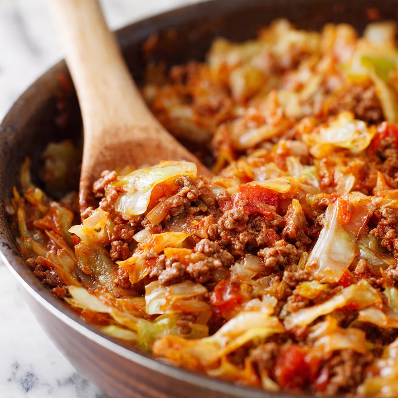 A close-up view of a cooked ground meat and cabbage mix with small pieces of diced tomato mixed in, showing a soft, tender texture with a brown and orange color from the cooked meat and cabbage, held in a pan with a wooden spoon partially visible, stirring the mix which looks juicy and well combined. The background shows a white marbled texture. photo taken with an iphone --ar 4:5 --v 7