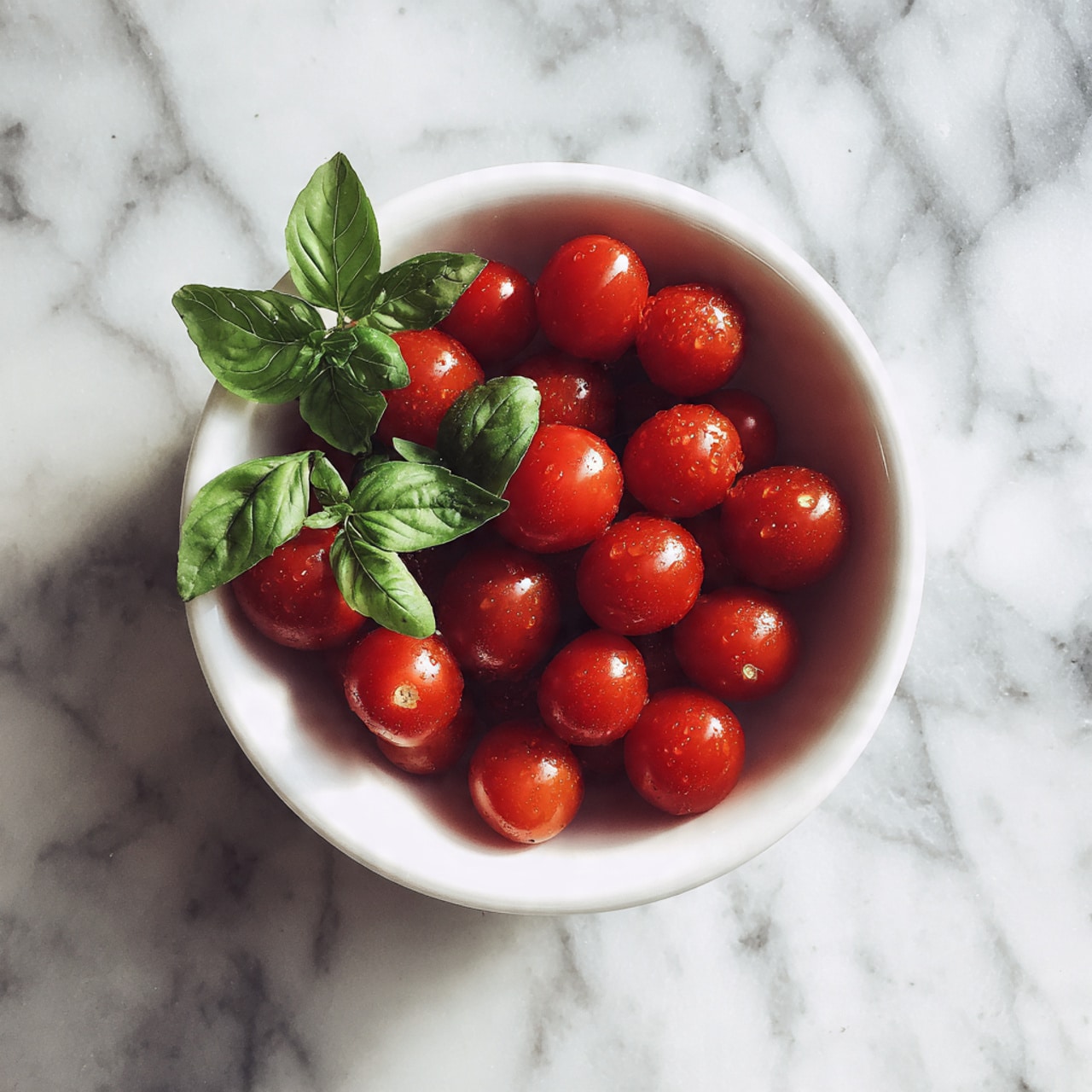 A white bowl filled with many small, bright red grape tomatoes, each smooth and shiny, arranged closely together. On the left side of the bowl, two fresh green basil sprigs lie on a white marbled surface, adding contrast to the red tomatoes. The image has natural lighting highlighting the texture of the tomatoes and the gentle sheen on the basil leaves. photo taken with an iphone --ar 4:5 --v 7