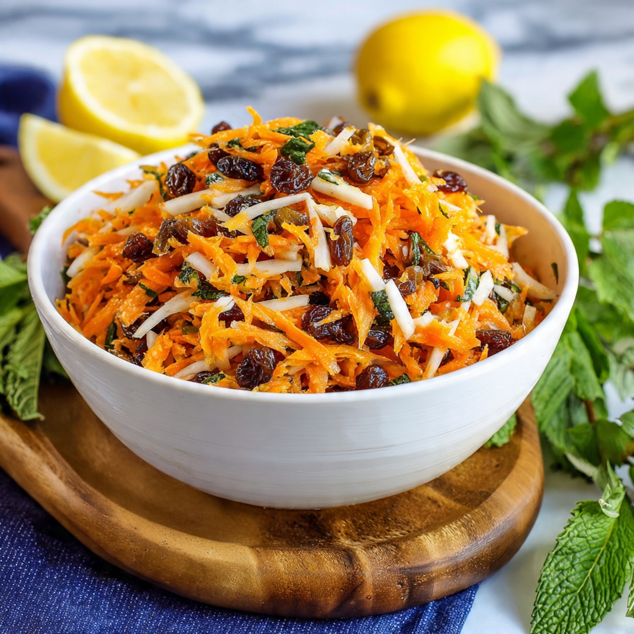 The image shows a white bowl filled with a shredded carrot and white radish salad mixed with raisins and small pieces of herbs, likely parsley or cilantro, scattered on top. The shredded vegetables are bright orange and white, offering a crunchy texture, and the raisins add dark brown spots throughout. The bowl sits on a wooden board with fresh green herb leaves and two lemon halves nearby. There is a dark blue cloth under the bowl and a white marbled surface beneath everything. In the background, there are two more white bowls with the same salad partially visible. Photo taken with an iphone --ar 4:5 --v 7