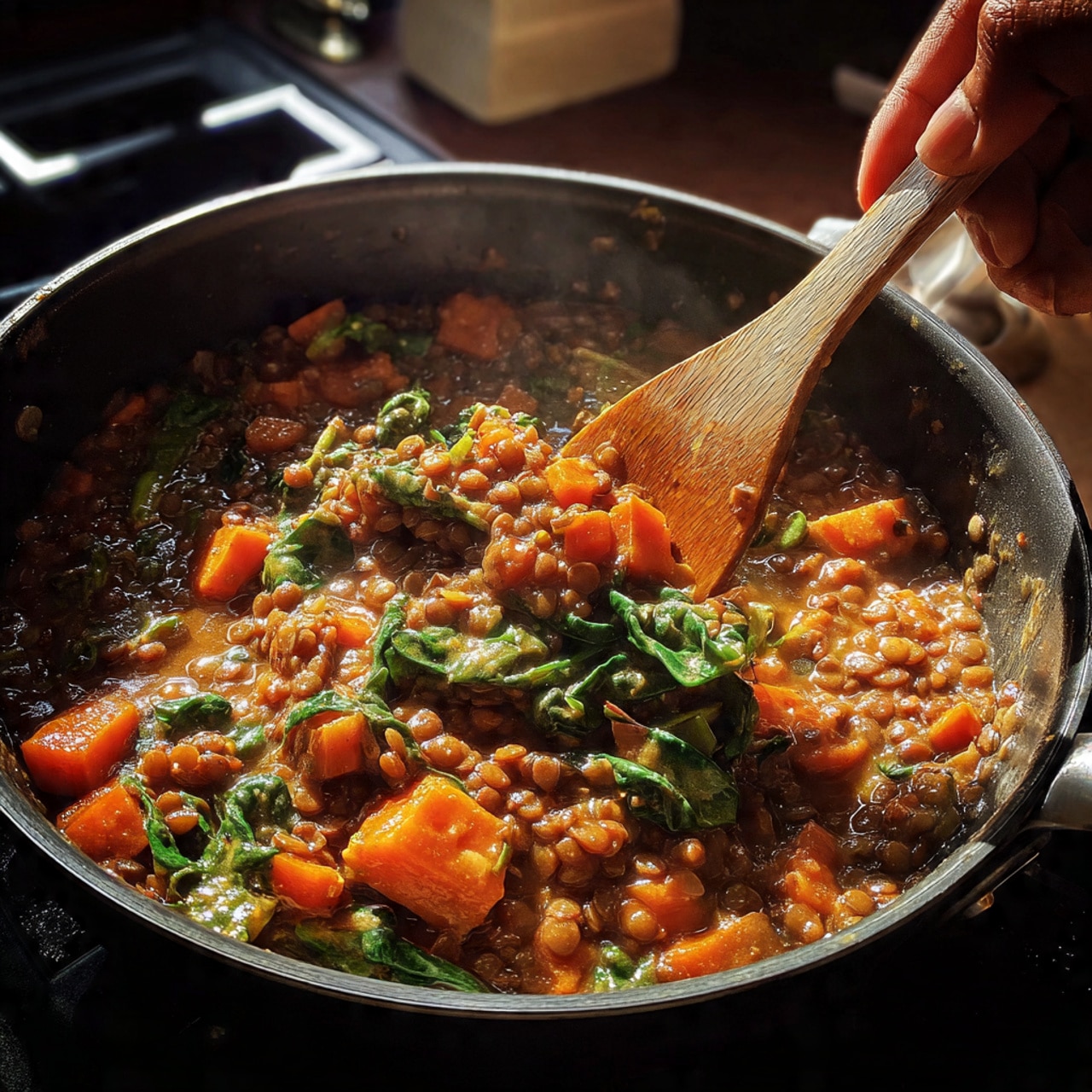 The image shows a close-up of a thick stew cooking in a black pan on a white marbled surface. The stew has layers of earthy colors with a mix of orange, brown, and green from vegetables and herbs. You can see small carrot pieces and leafy greens mixed evenly throughout the coarse, chunky sauce. A woman's hand is holding a wooden spatula that is stirring the thick stew, lifting part of it to show its texture which is dense and hearty with visible bits of lentils or grains. The lighting is natural and bright, highlighting the glossy and moist surface of the stew. photo taken with an iphone --ar 4:5 --v 7
