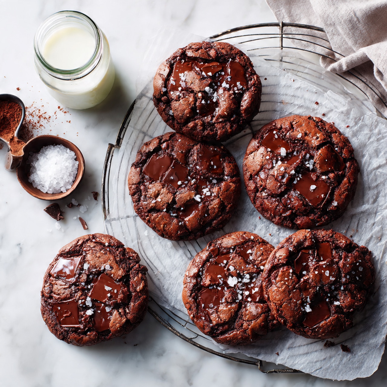 The image shows two thick chocolate cookies stacked on a white marbled surface with parchment paper underneath. The top cookie is broken slightly, revealing a warm, melted dark chocolate center that looks shiny and smooth. Both cookies have a rough texture with some small cracks and pieces of chocolate visible on the surface, sprinkled with a few grains of coarse salt. Around the cookies are small chocolate smudges and crumbs, adding a rustic feel. Photo taken with an iphone --ar 4:5 --v 7