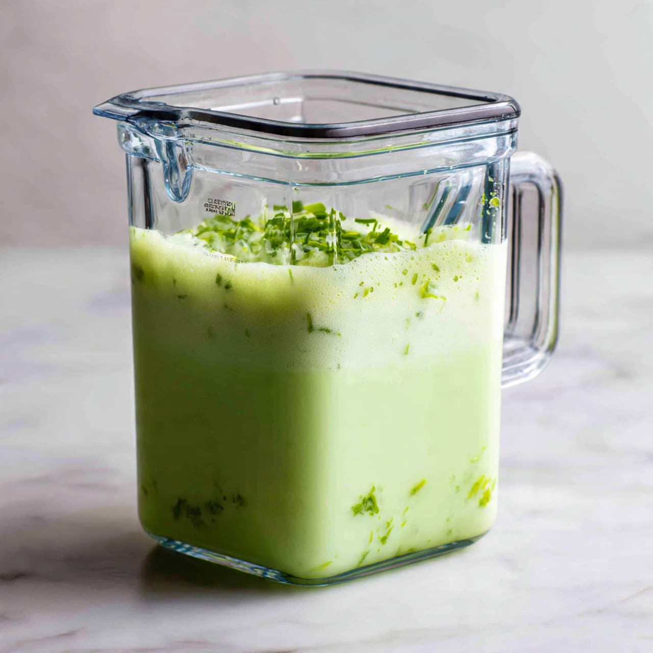 The image shows a clear blender jug filled halfway with a pale green liquid that has a frothy light yellow-green foam layer on top. Small bits of green herbs or vegetables are floating near the top of the liquid. The blender jug is set on a white marbled surface, and the background is also light-colored but out of focus. The blender's transparent body and square shape clearly display the texture and separation of the liquid inside. Photo taken with an iphone --ar 4:5 --v 7