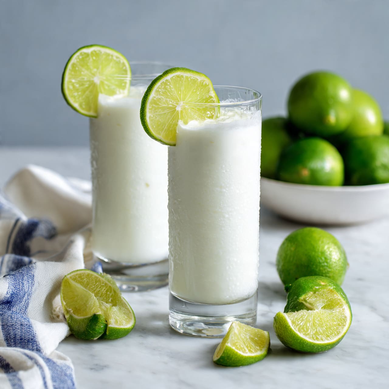 Two tall clear glasses filled with a white creamy drink are placed on a white marbled surface. Each glass has a thin round slice of lime floating on top inside the liquid, and a wedge of lime rests on the rim of the glass. Around the glasses, there are several lime wedges and a half lime placed directly on the surface. In the background, there is a white bowl filled with whole limes and a white cloth with blue stripes partially visible. Photo taken with an iphone --ar 4:5 --v 7