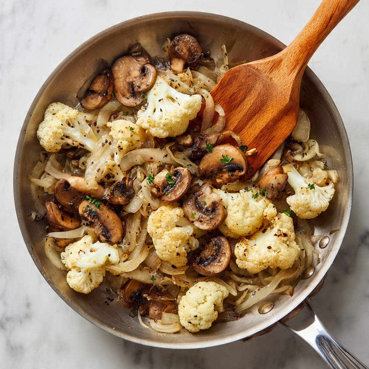 The image shows a metal pan on a white marbled surface filled with three visual layers: the bottom layer is a brownish mixture with small cooked onion pieces, above that there are whole brown mushrooms with a smooth texture, and the top layer has fresh white cauliflower florets scattered over the mushrooms. A woman's hand holds a wooden spoon that rests on the cauliflower in the pan. photo taken with an iphone --ar 4:5 --v 7
