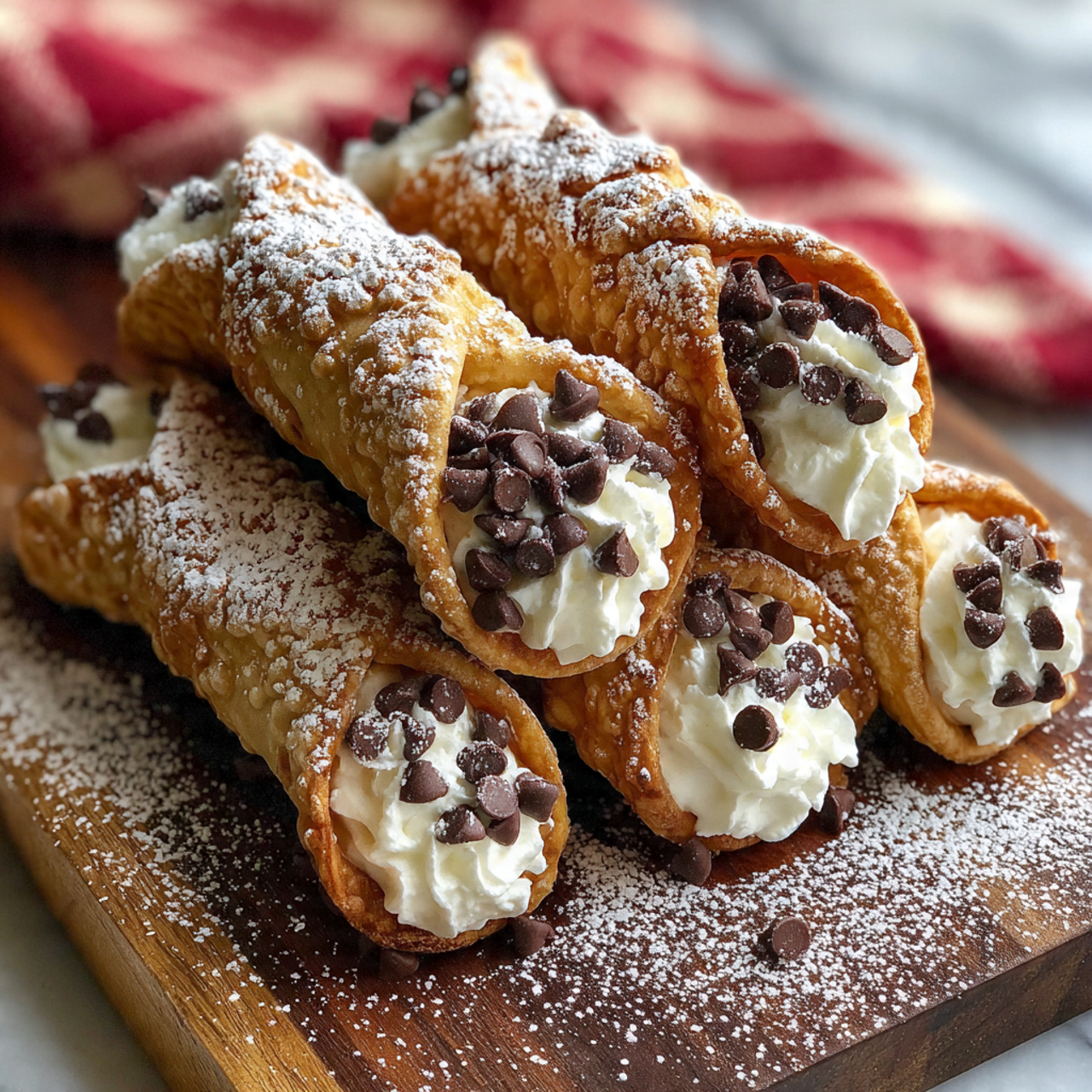 The image shows a pile of golden brown cannoli shells filled with white creamy filling, topped generously with dark chocolate chips at both open ends. The cannoli are dusted with a light layer of white powdered sugar, adding a soft texture and a touch of sweetness. They rest on a wooden board, with a red and white checkered cloth in the background, all set on a white marbled surface. The shells have a crispy texture with slight bubbles visible, and the creamy filling inside contrasts with the dark chocolate chips on top, creating a rich and inviting look. photo taken with an iphone --ar 4:5 --v 7