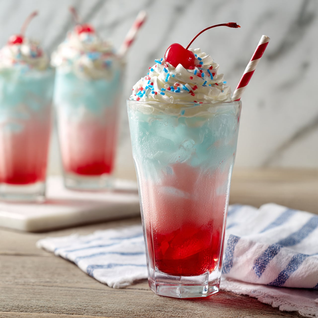 A tall clear glass filled with three layers of liquid and ice cubes is shown. The bottom layer is bright red with a smooth texture, the middle layer is light pink blending softly with the red below, and the top layer is a pale blue. On top of the drink, there is a thick swirl of white whipped cream with small blue and red sprinkles scattered over it. A shiny red cherry with a green stem sits on the whipped cream. A red and white striped straw is inserted into the drink, leaning slightly to the side. The glass is set on a wooden surface with a white marbled texture in the background, and a white cloth with blue stripes is draped near the base. In the background, two similar drinks can be seen, slightly blurred. photo taken with an iphone --ar 4:5 --v 7