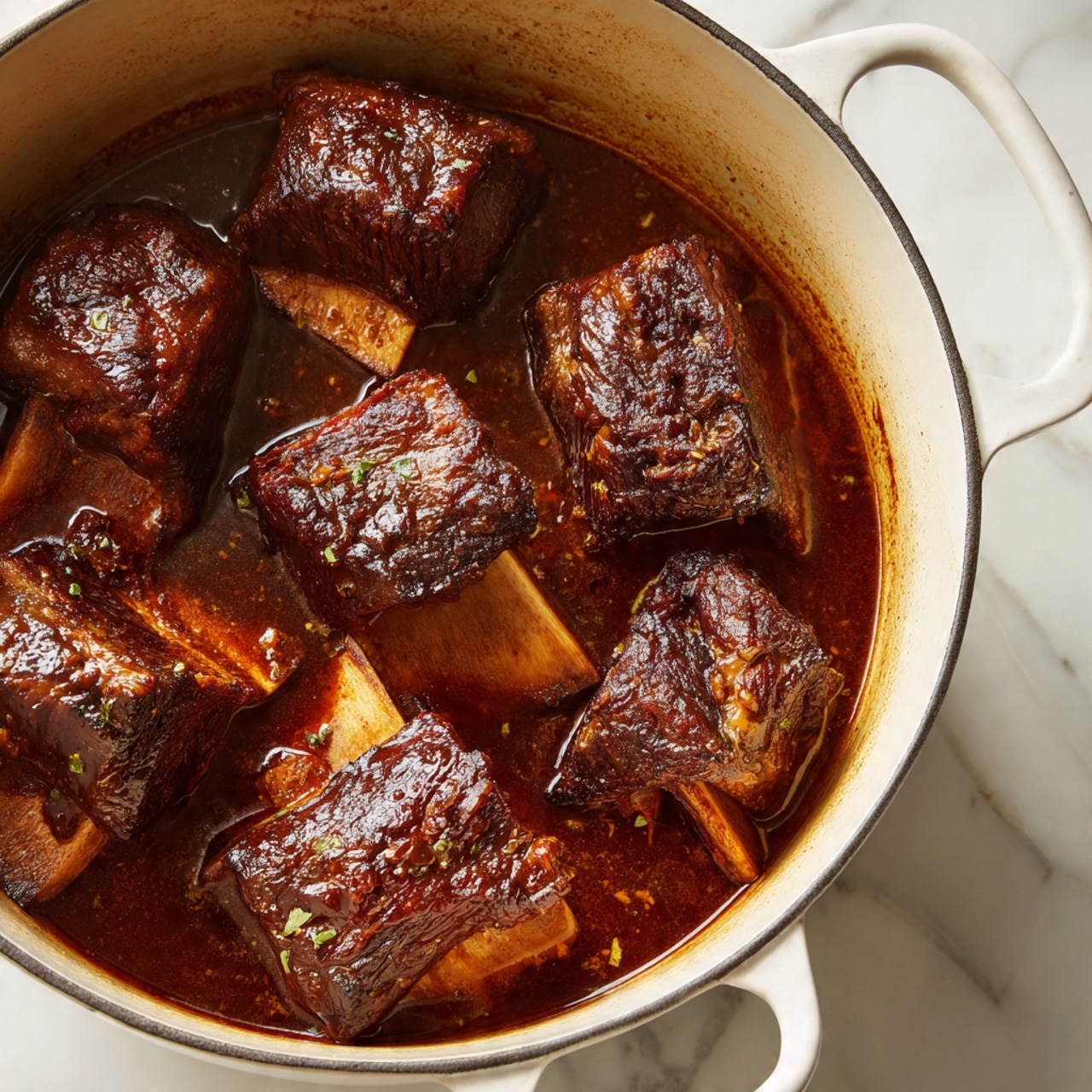 A white cast iron pot holds five big pieces of browned meat with a rich dark brown crust and some visible bone segments. The meat sits in a shallow pool of golden-brown cooking juices with small browned bits around the edges. The inside surface of the pot is cream-colored and shows some browned spots from cooking. The pot has thick handles at the top and bottom. The background is a white marbled texture. photo taken with an iphone --ar 4:5 --v 7