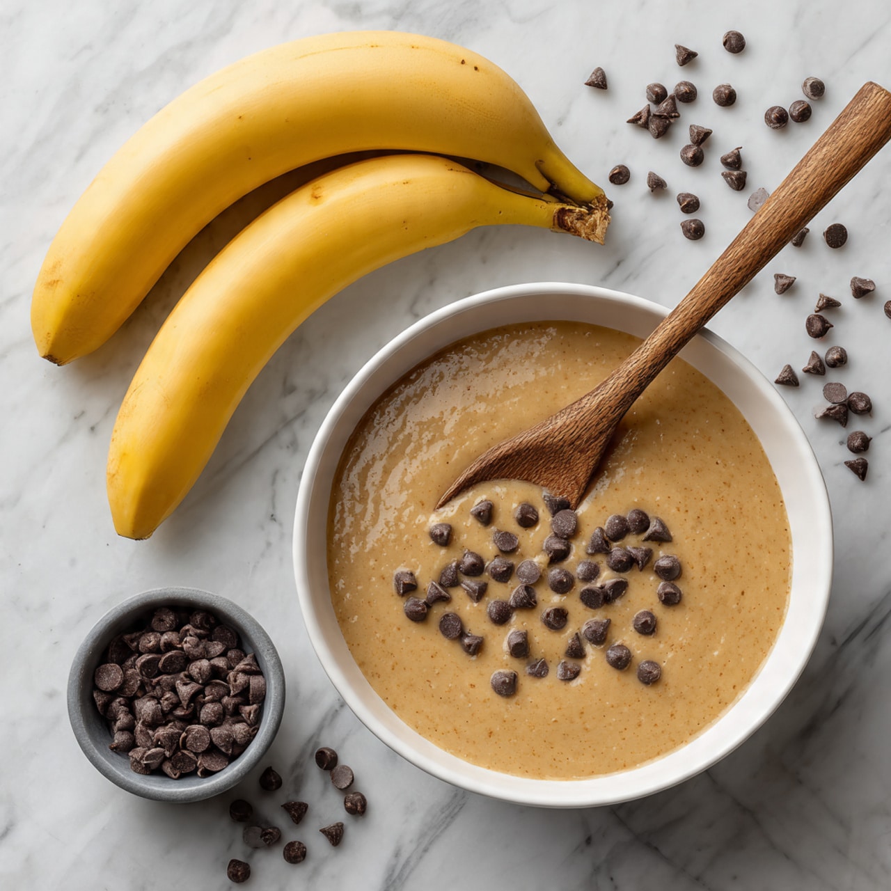 A white bowl filled with light brown batter with a smooth and creamy texture, topped with a pile of small dark chocolate chips slightly scattered around. A wooden spoon is dipped into the batter on the right side of the bowl. To the top left, two yellow bananas rest on a white marbled surface. At the bottom right, a small gray bowl filled with more dark chocolate chips sits near the main bowl. Some chocolate chips are scattered on the white marbled surface around the bowls. photo taken with an iphone --ar 4:5 --v 7