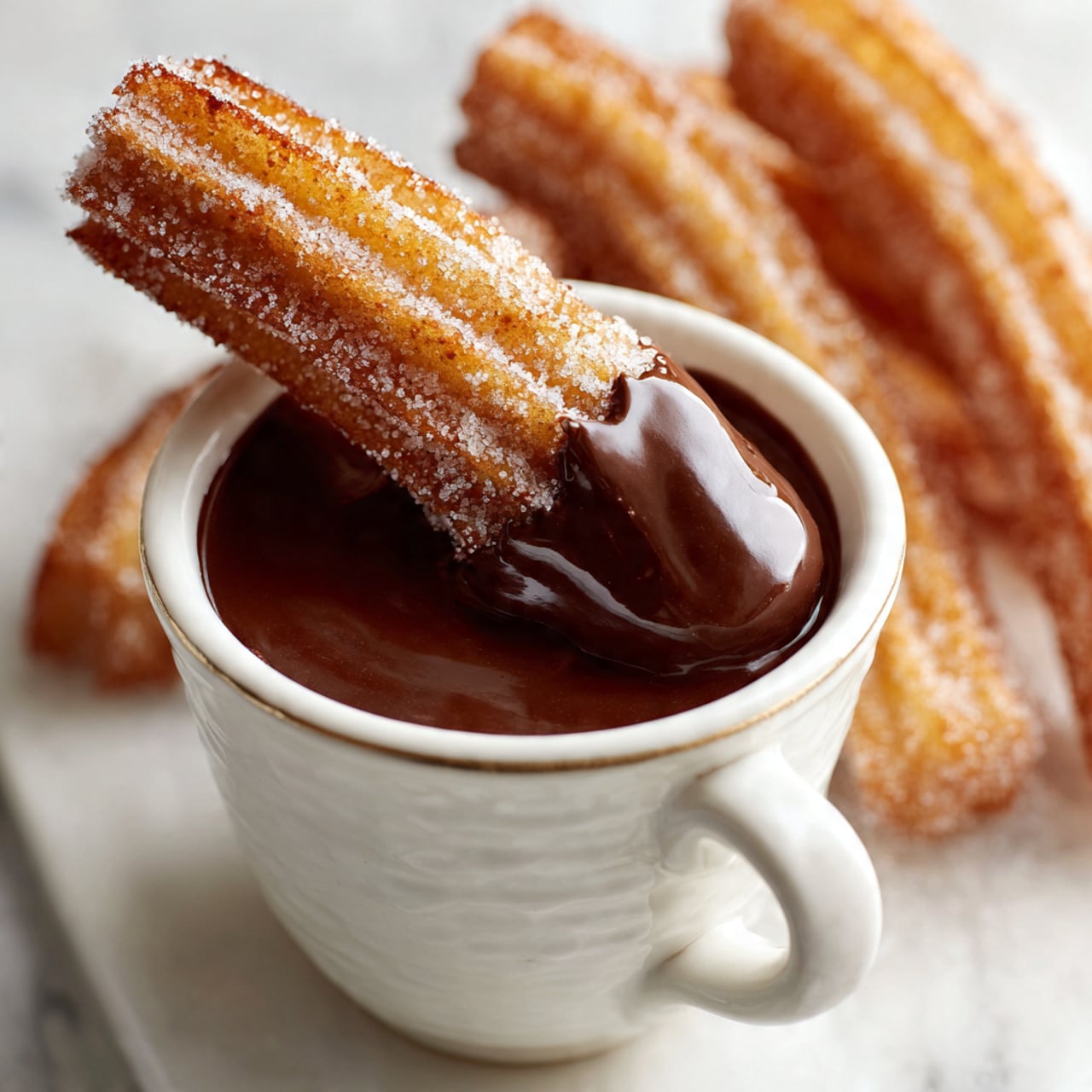 Close-up of a golden-brown churro dipped halfway into a smooth dark chocolate sauce inside a small white ceramic cup with a textured surface. The churro is covered with granulated sugar and has a ridged surface. In the blurred background, more churros lie stacked on a white marbled surface. The lighting highlights the shine on the chocolate and the sugar crystals on the churro. photo taken with an iphone --ar 4:5 --v 7