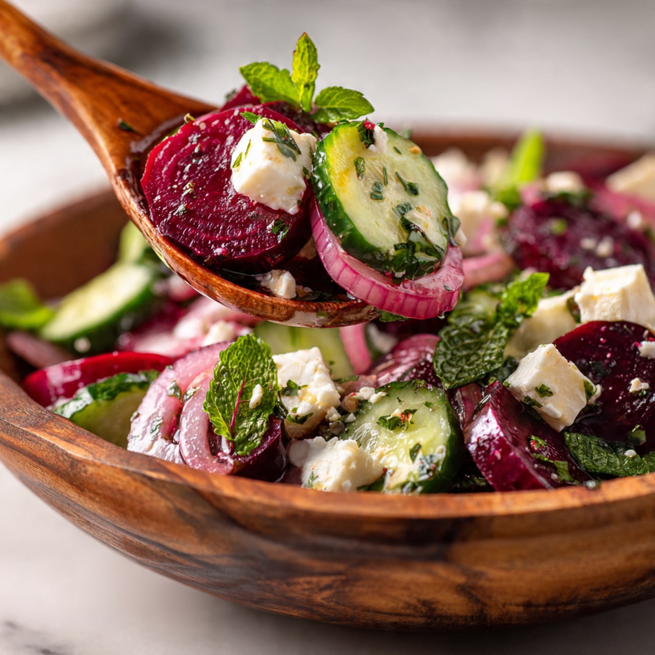 A close-up of a wooden spoon lifting a colorful salad from a clear glass bowl on a white marbled surface; the salad has layers of dark red beet slices, bright green cucumber rounds, thin light purple onion slices, small white cheese cubes, and small green herb leaves evenly mixed together, with the texture of the vegetables looking fresh and slightly wet, and the spoon held above the bowl with more salad visible blurred in the background photo taken with an iphone --ar 4:5 --v 7