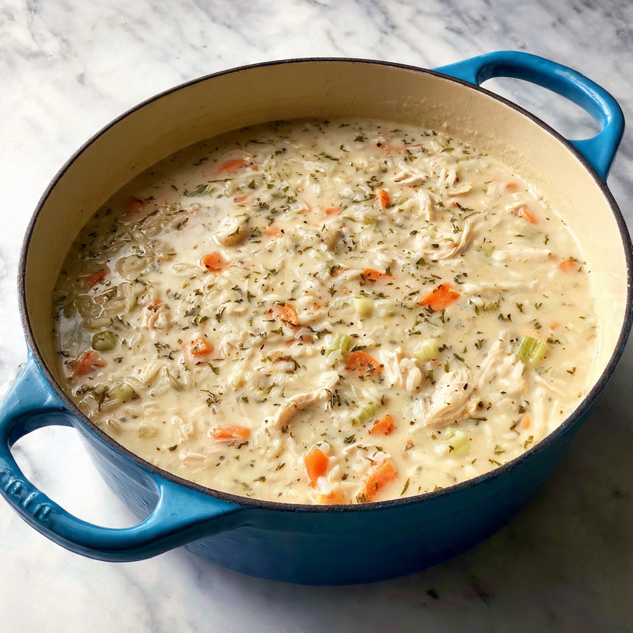 The image shows a close-up of thick, creamy soup or stew inside a blue cast iron pot with white inner coating. The dish has multiple visible layers made up of finely chopped vegetables including orange carrots and pale green celery mixed with small pieces of meat in a rich yellowish, creamy broth with specks of herbs and spices throughout. The pot sits on a white marbled surface and the background features a small, round white dish holding chunky pieces of butter or cheese. Photo taken with an iphone --ar 4:5 --v 7