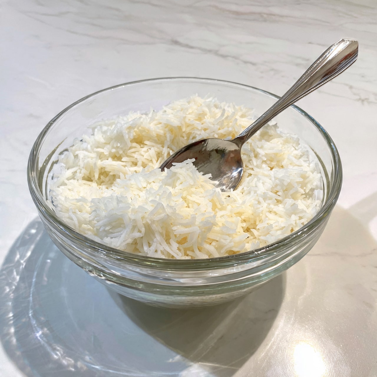 A clear glass bowl filled with fluffy white cooked rice with a soft texture. A metal spoon is inside the bowl, partly covered by the rice, with the spoon’s handle extending out to the right side. The bowl is on a white marbled surface with light reflections on the bowl’s rim. The rice grains look separate but moist, making a thick layer inside the bowl. photo taken with an iphone --ar 4:5 --v 7