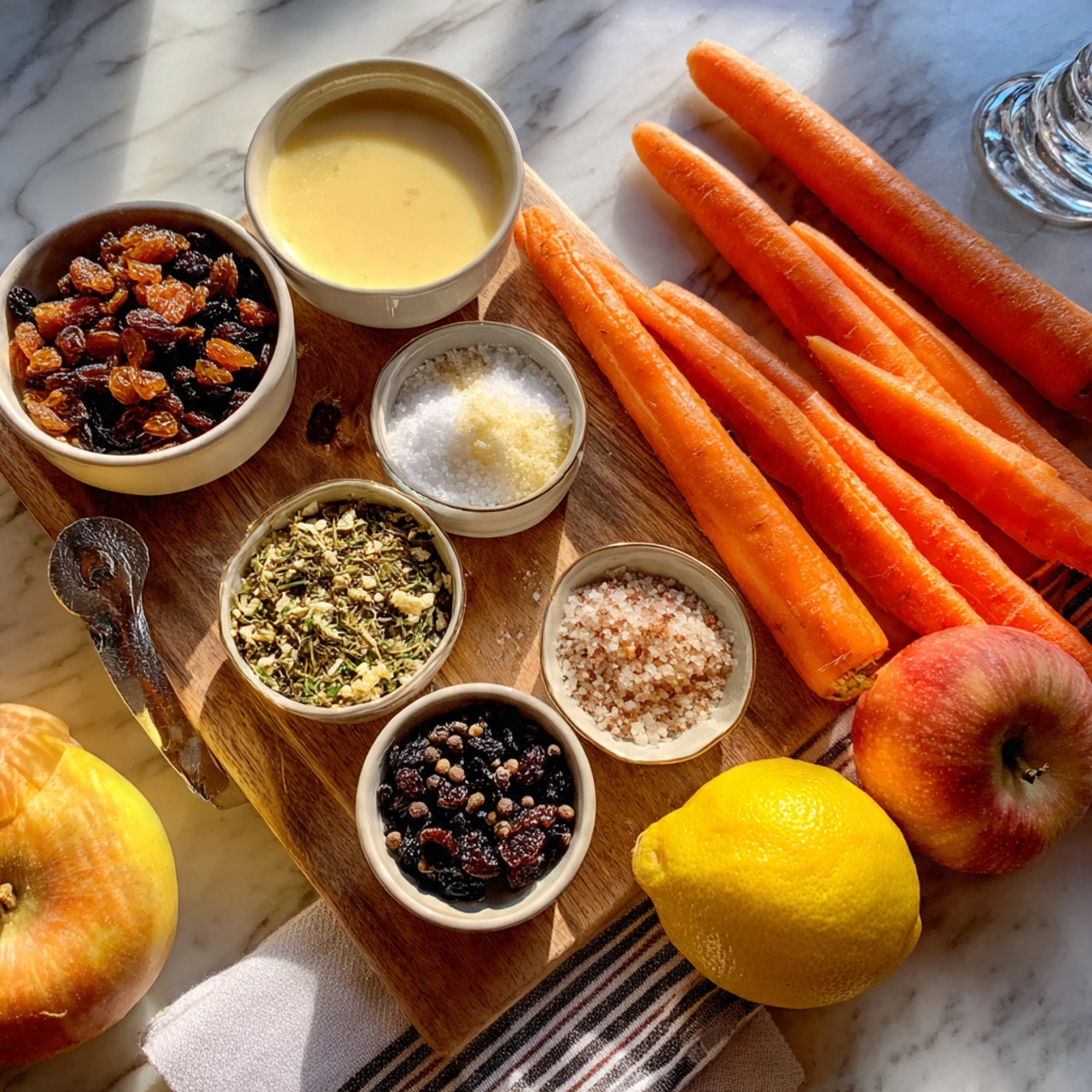 The image shows a wooden board holding several small bowls with various ingredients arranged neatly on a white marbled surface. On the board are five clear glass and white ceramic bowls filled with raisins, chopped green herbs, white granulated sugar, creamy white sauce, and salt with pepper. Next to the board are two whole bright orange carrots and three shiny red apples. A lemon and a white cloth with blue stripes are placed in the background. The lighting is bright and natural, highlighting the vibrant colors of the fresh ingredients. photo taken with an iphone --ar 4:5 --v 7