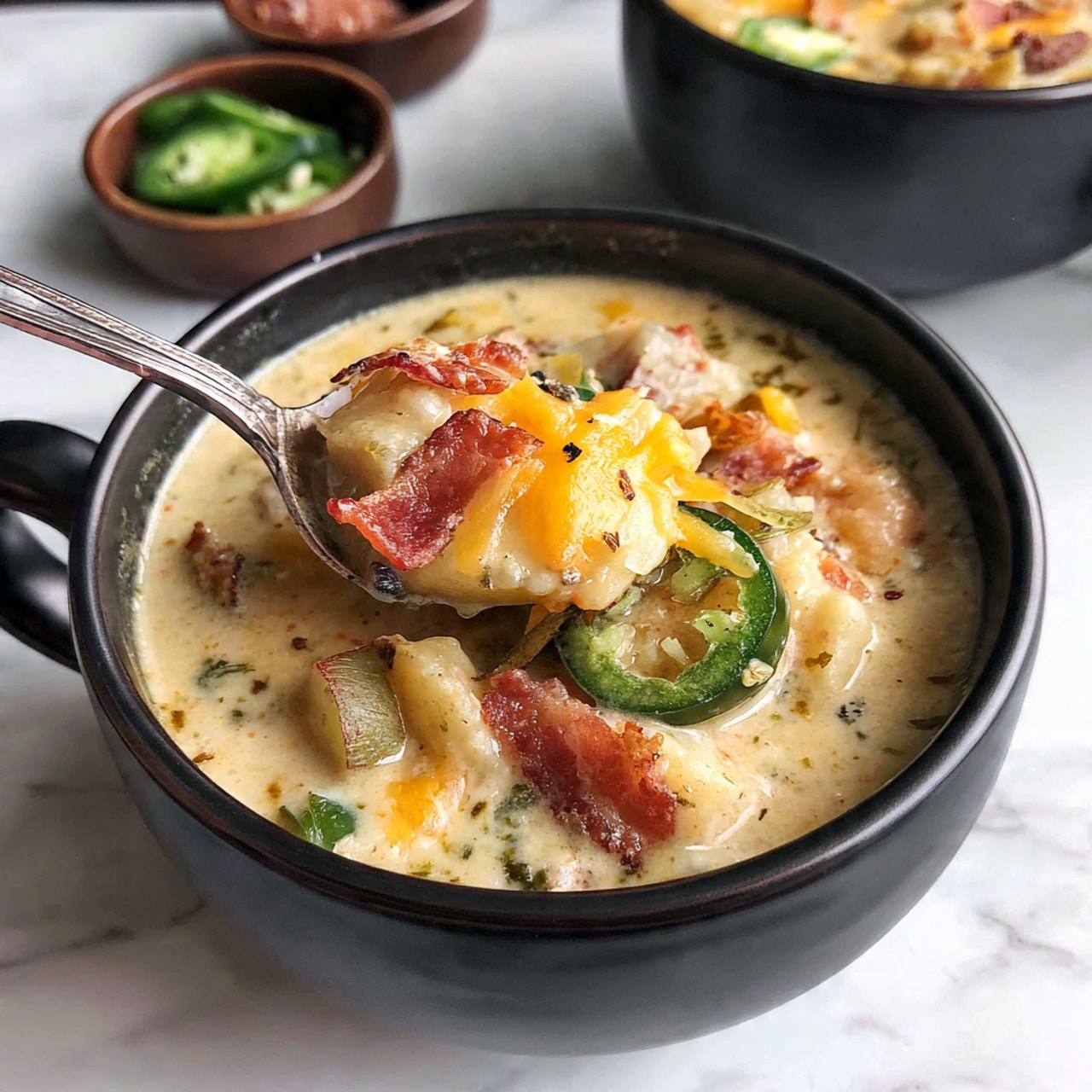 A black bowl filled with creamy soup made of light beige broth, large chunks of yellow potatoes layered throughout, and bits of crispy reddish-brown bacon scattered on top. There are slices of bright green jalapeño placed near the center, alongside thin strands of melted orange cheddar cheese melting into the soup. Small green pieces of chopped scallion are sprinkled over the surface. A silver spoon is lifting a bite showing a potato chunk covered in the creamy soup with bits of bacon. The bowl is set on a white marbled surface with two small bowls in the background and a green vegetable partly visible. photo taken with an iphone --ar 4:5 --v 7
