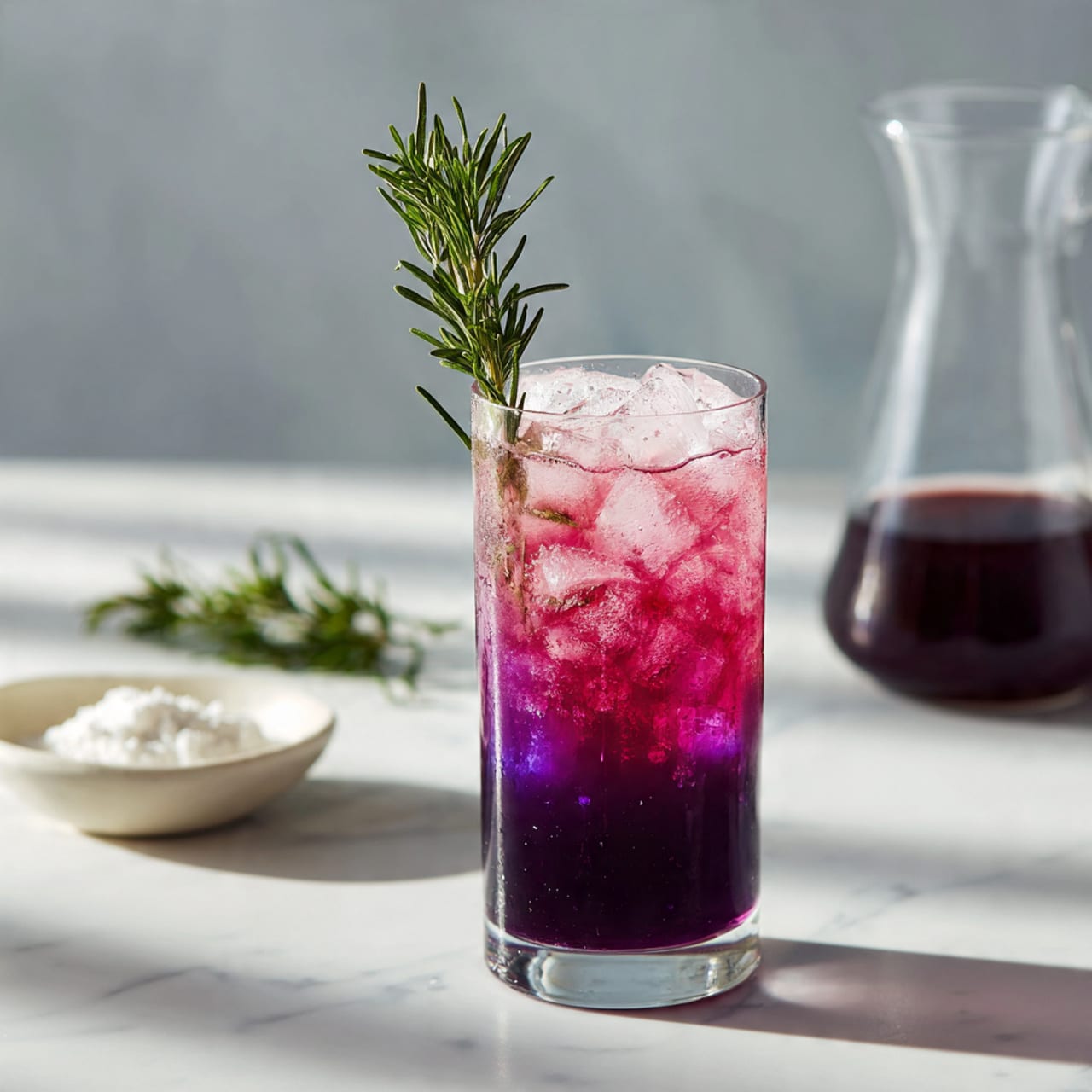 A tall clear glass filled with a vibrant purple drink showing three distinct layers: a dark purple layer at the bottom, a bright pink layer in the middle, and clear ice cubes on top. A fresh green sprig of rosemary stands vertically inside the glass, adding contrast. The glass sits on a white marbled surface with soft shadows. In the background, there is a clear glass pitcher with more dark purple liquid inside, and a small white bowl with white powder nearby. Photo taken with an iphone --ar 4:5 --v 7