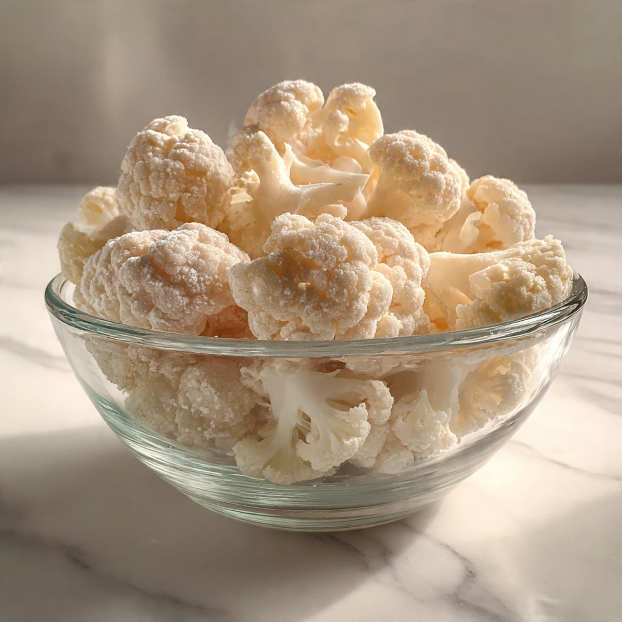 A clear glass bowl filled with medium-sized cauliflower florets, each covered lightly with a white powdery coating, sitting on a white marbled surface. The florets are packed freely in the bowl, showing their natural off-white color with rough, bumpy textures and small stem bases. The overall look is fresh and clean, with light shadows under the bowl giving depth. photo taken with an iphone --ar 4:5 --v 7