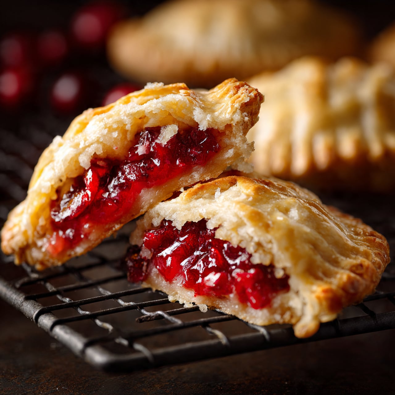The image shows a small hand pie cut in half and stacked, revealing two layers of crispy, golden-brown crust with a flaky texture on the top and bottom, enclosing a thick, rich filling of bright red cranberries and soft, vivid orange fruit pieces that look juicy and shiny. The pie halves are placed on a silver wire rack, with a few whole cranberries scattered nearby, all set on a white marbled surface. In the blurry background, more whole pies with the same golden crust appear, creating a warm, cozy feel. Photo taken with an iphone --ar 4:5 --v 7