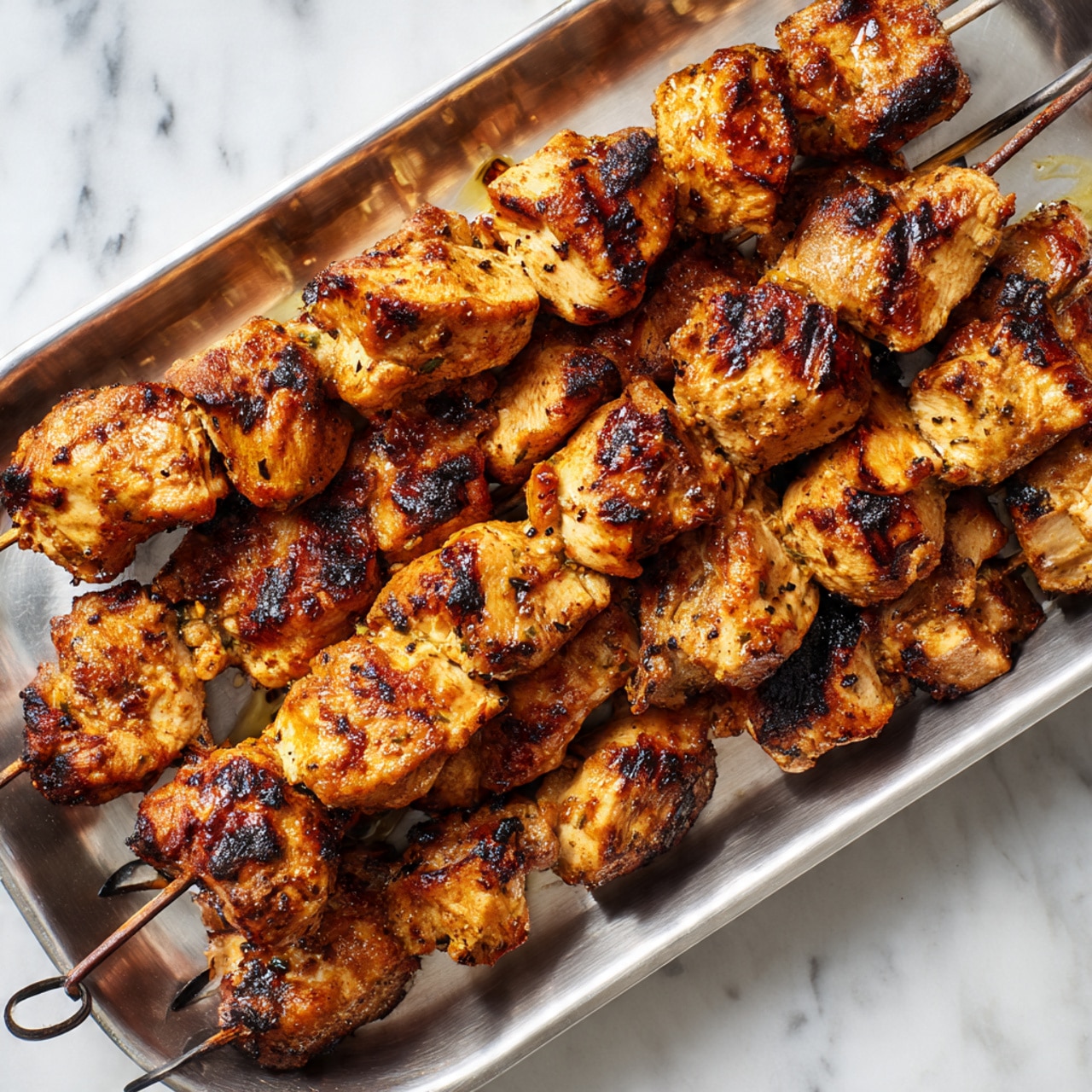The image shows twelve skewers of grilled chicken pieces placed closely together on a silver metal tray. Each skewer has 4 to 5 uneven chunks of chicken with a golden-brown color, some parts darker with grill marks, showing a slightly charred texture. The chicken pieces look juicy and have a slightly crispy surface. The tray rests on a white marbled surface. photo taken with an iphone --ar 4:5 --v 7