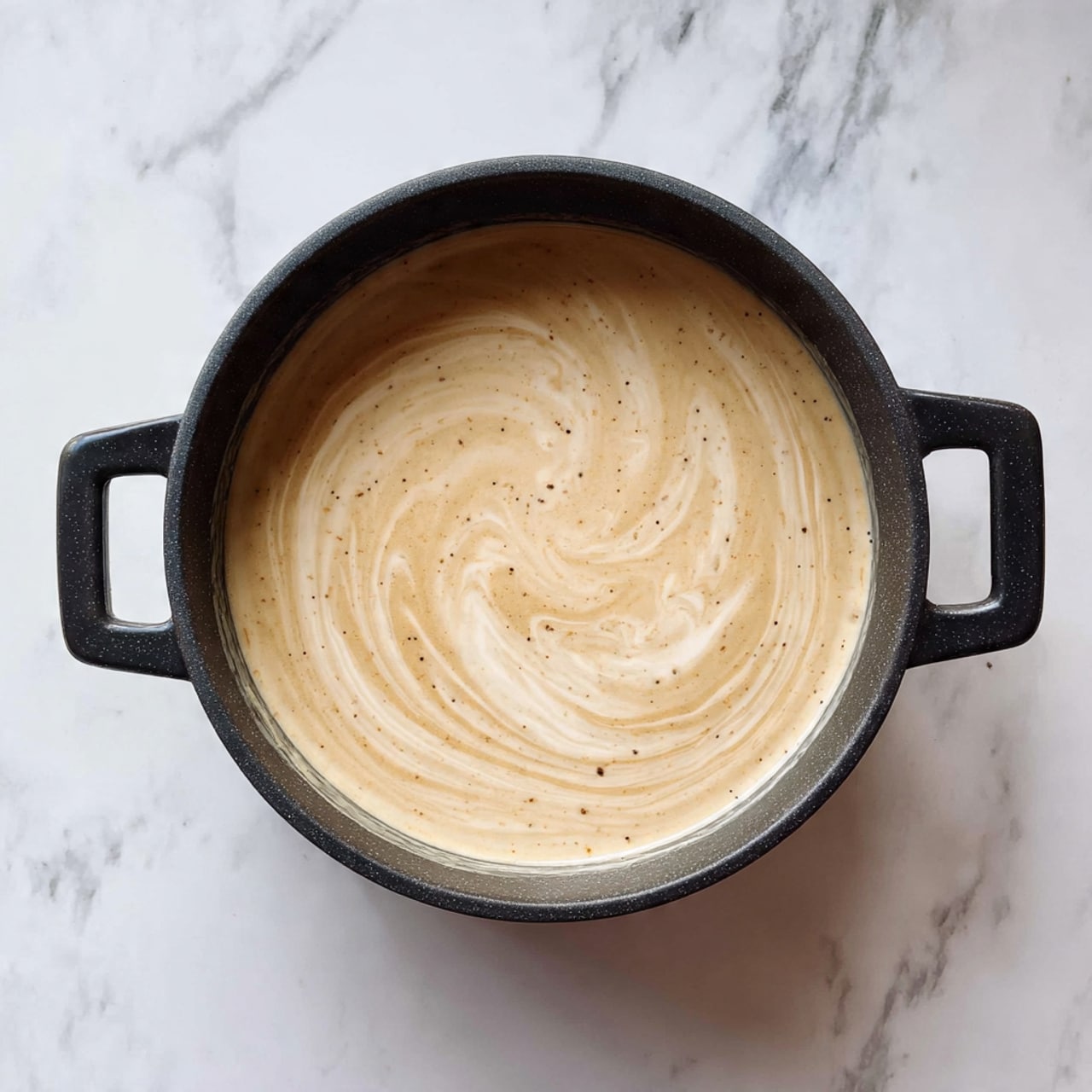 A black pot with two handles holds a single smooth layer of pale beige liquid with swirls of lighter cream mixed in, giving it a marbled texture on top, all sitting on a white marbled surface photo taken with an iphone --ar 4:5 --v 7