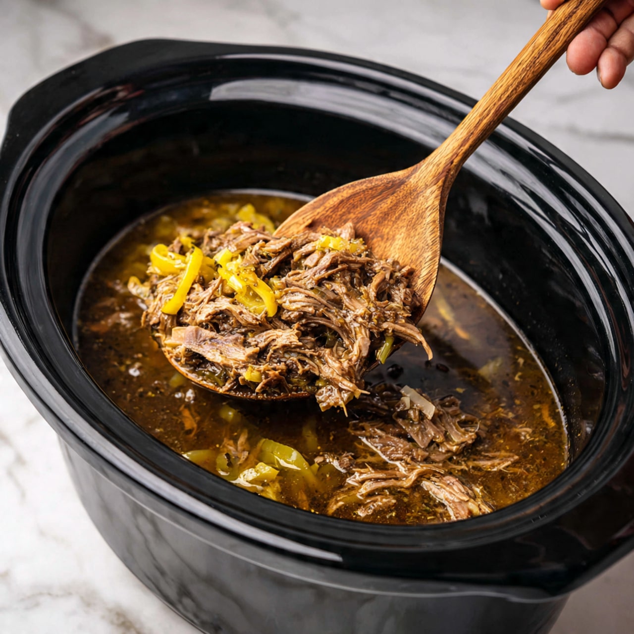A close-up of a wooden spoon scooping shredded, tender brown meat mixed with bright yellow pepper slices from a black slow cooker. The meat has a fibrous texture with some pieces slightly darker and some lighter, showing a juicy look. The yellow peppers add a pop of color, sitting on top and within the meat layers. The background has a white marbled surface that softly contrasts the dark slow cooker. photo taken with an iphone --ar 4:5 --v 7
