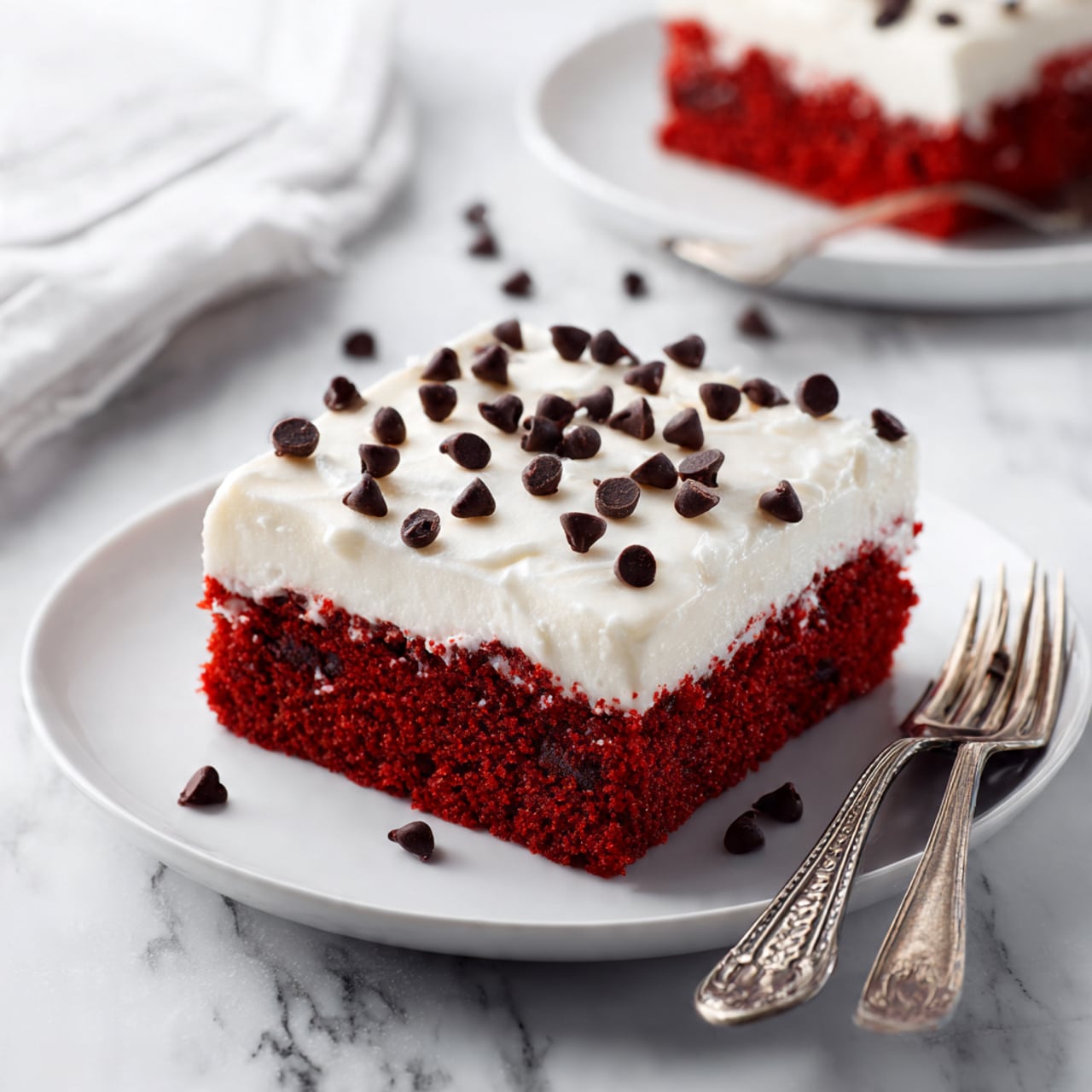 The image shows a square piece of red cake on a white plate, with a thick layer of smooth, white cream frosting on top. The frosting is decorated with small dark chocolate chips scattered across the surface. The cake layer is bright red with a slightly textured look, and the plate sits on a white marbled surface. To the side, there is another white plate with a similar cake piece and two ornate silver spoons resting nearby. Photo taken with an iphone --ar 4:5 --v 7