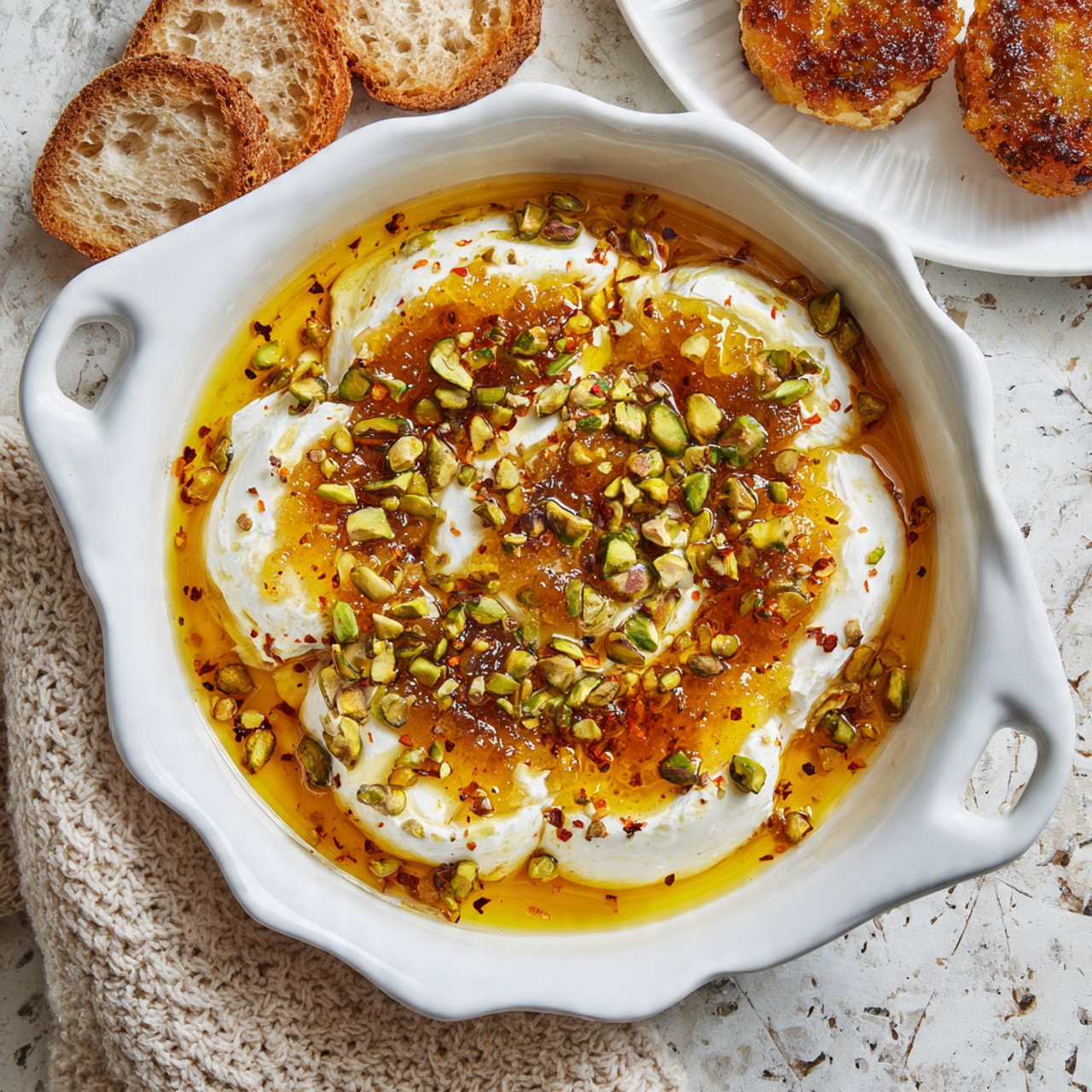 The image shows a white ceramic dish filled with soft white cheese layered with a shiny amber-colored syrup or honey, scattered with green and brown pistachio nuts on top. The creamy cheese has a slightly rough texture and uneven shapes, sitting in the thick syrup that pools around it. A spoon with a dark brown wooden handle rests inside the dish, partially dipping into the cheese and syrup mix. To the side on a white marbled surface, there are golden toasted bread slices, one topped with some of the cheese and syrup. A soft dried plant is placed in the foreground for decoration. photo taken with an iphone --ar 4:5 --v 7