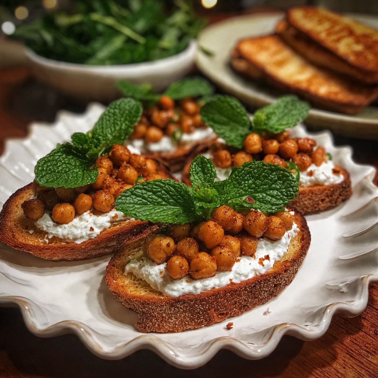 The image shows a white scalloped plate on a white marbled surface filled with small round slices of toasted bread. Each bread slice has a layer of creamy white spread topped with a mound of reddish-brown cooked chickpeas. Small green mint leaves and slices of green chili pepper are scattered on top for color and garnish. A bowl with some green herbs is partially visible in the background, and the scene is bright and well-lit. photo taken with an iphone --ar 4:5 --v 7
