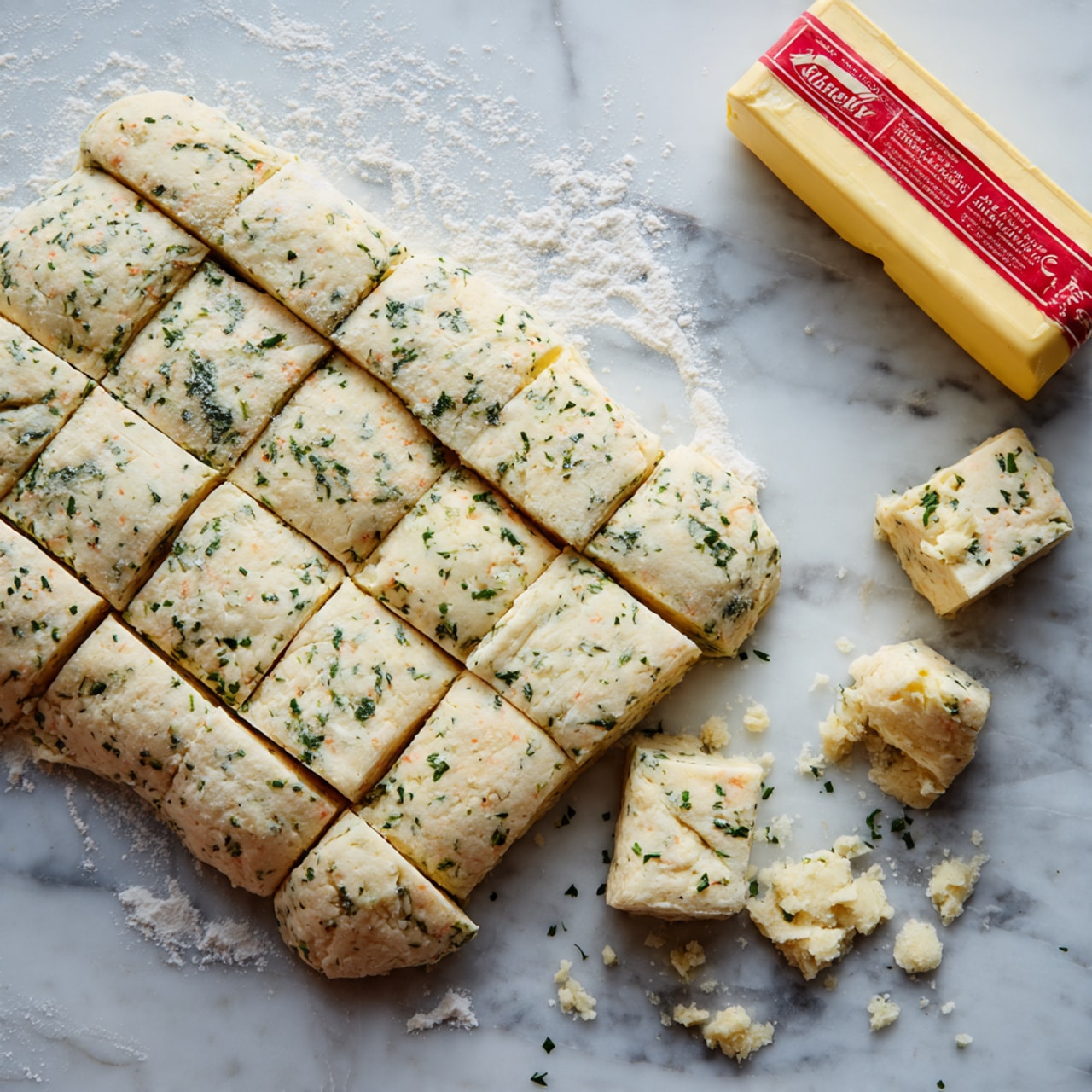 The image shows a flat dough sheet laid out with small herb flakes spread evenly on top, giving it a green speckled look. The dough is divided into rectangular and square pieces with clear straight lines, some pieces shifted slightly apart. The dough surface is light beige with a soft texture and a bit of flour sprinkled around. Near the dough is a wrapped yellow butter block with red text, and there are small pieces of dough off to the side. The background is a white marbled surface dusted with flour. photo taken with an iphone --ar 4:5 --v 7