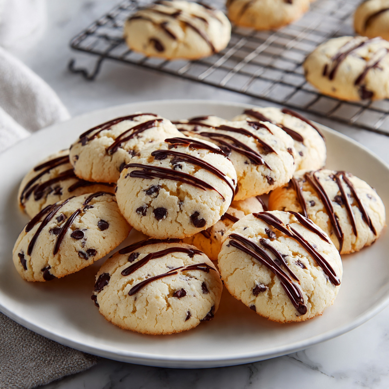 Cannoli Cookies Recipe 5 A white round plate holds seven soft, round cookies that have a light beige dough color mixed with small dark chocolate pieces inside. The cookies are topped with thin drizzles of dark chocolate running across the top in different directions, creating a striped pattern. The plate is placed next to a red and white checked cloth on a white marbled surface. The cookies look soft and thick, with smooth and slightly bumpy textures from the chocolate bits inside. Photo taken with an iphone --ar 4:5 --v 7