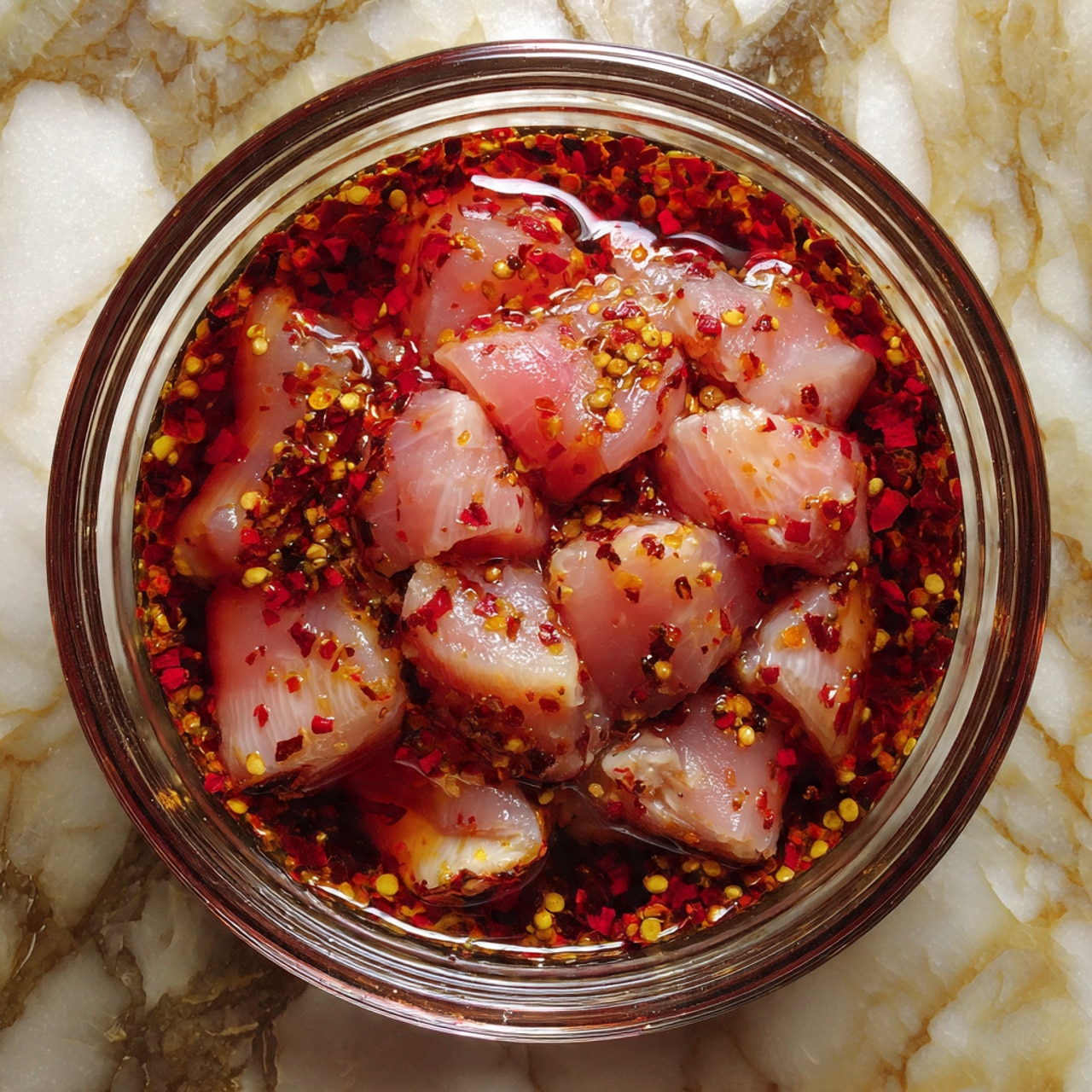 A clear glass bowl filled with pieces of raw chicken submerged in a red marinade. The marinade has visible specks of crushed red chili and spices, floating and coating the chicken, giving a textured look. The chicken pieces appear smooth, slightly glossy, and pale pink under the deep red sauce. The bowl sits on a white marbled surface, with the rich red color of the sauce contrasting with the surface and the pale chicken. The image is taken from above, showing the mix clearly. Photo taken with an iphone --ar 4:5 --v 7