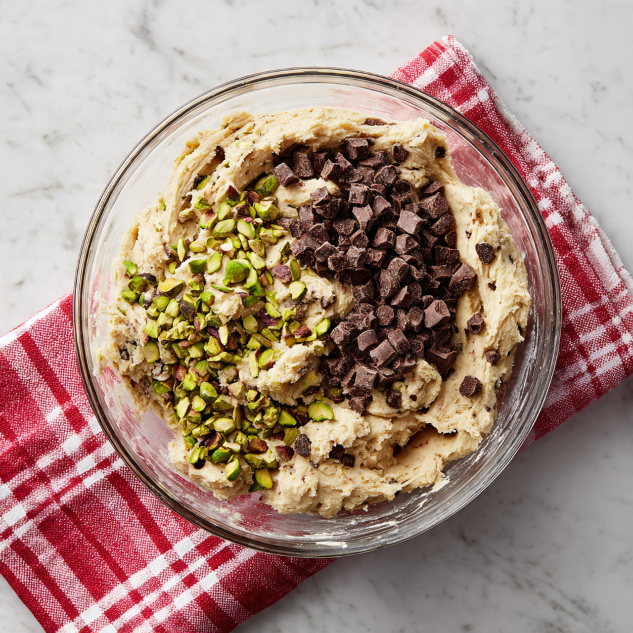 Cannoli Cookies Recipe 4 In a large clear glass bowl on a white marbled surface, there is thick light beige dough spread unevenly along the edges inside the bowl. On top of the dough in the center, there are two piles: one of roughly chopped greenish-brown pistachios on the left and one of dark brown chopped chocolate chunks on the right. The bowl is placed on a red and white checkered cloth over a wooden table, but the background is changed to a white marbled texture. photo taken with an iphone --ar 4:5 --v 7