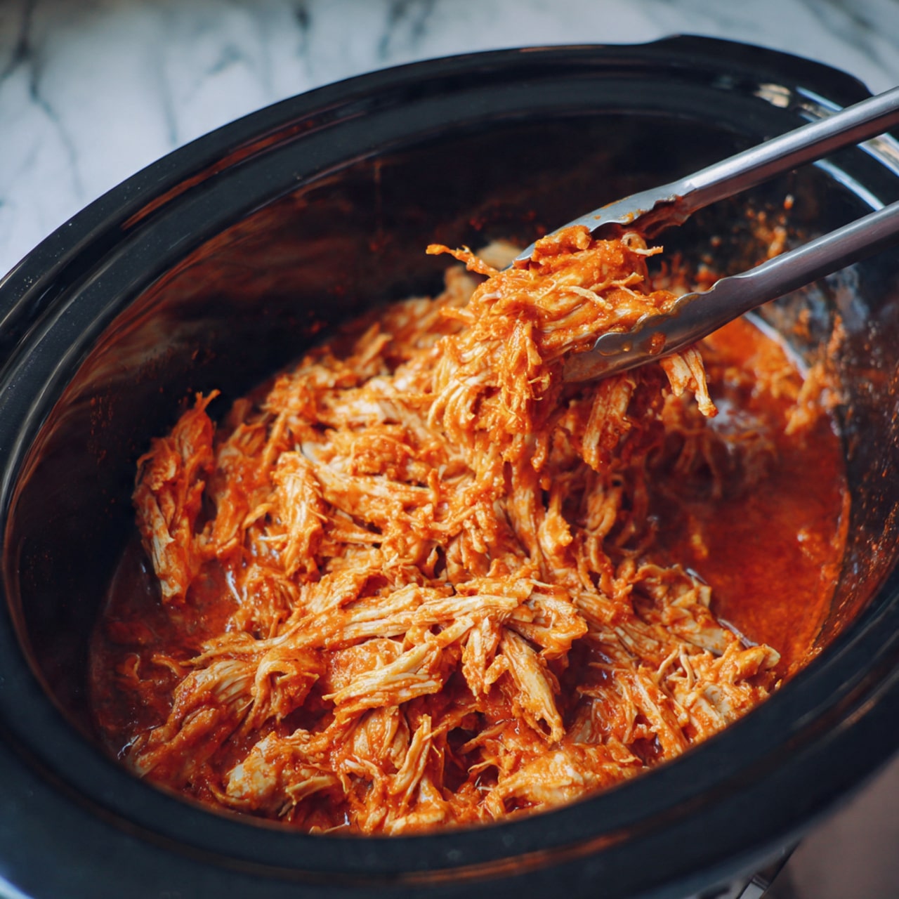 The image shows a black slow cooker filled with shredded light brown chicken mixed with a thick orange-red sauce. The chicken pieces look soft and tender, layered evenly in the cooker with the sauce pooling at the bottom and around the chicken. A pair of metal tongs, held by a woman's hand from the right side, is lifting some shredded chicken from the cooker. The background is a white marbled texture. photo taken with an iphone --ar 4:5 --v 7