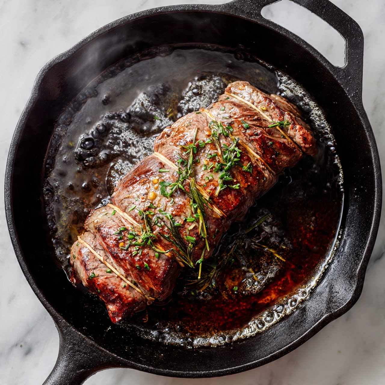 A large piece of seasoned meat tied with string is frying in a black cast iron pan. The meat is browned on the outside with visible herbs and coarse ground spices covering its surface. The texture of the meat looks juicy with some pinkish areas, and there is bubbling oil and browned bits around it in the pan. The pan rests on a white marbled surface with soft steam rising. The scene shows a close-up from above, capturing the sizzling cooking process. photo taken with an iphone --ar 4:5 --v 7