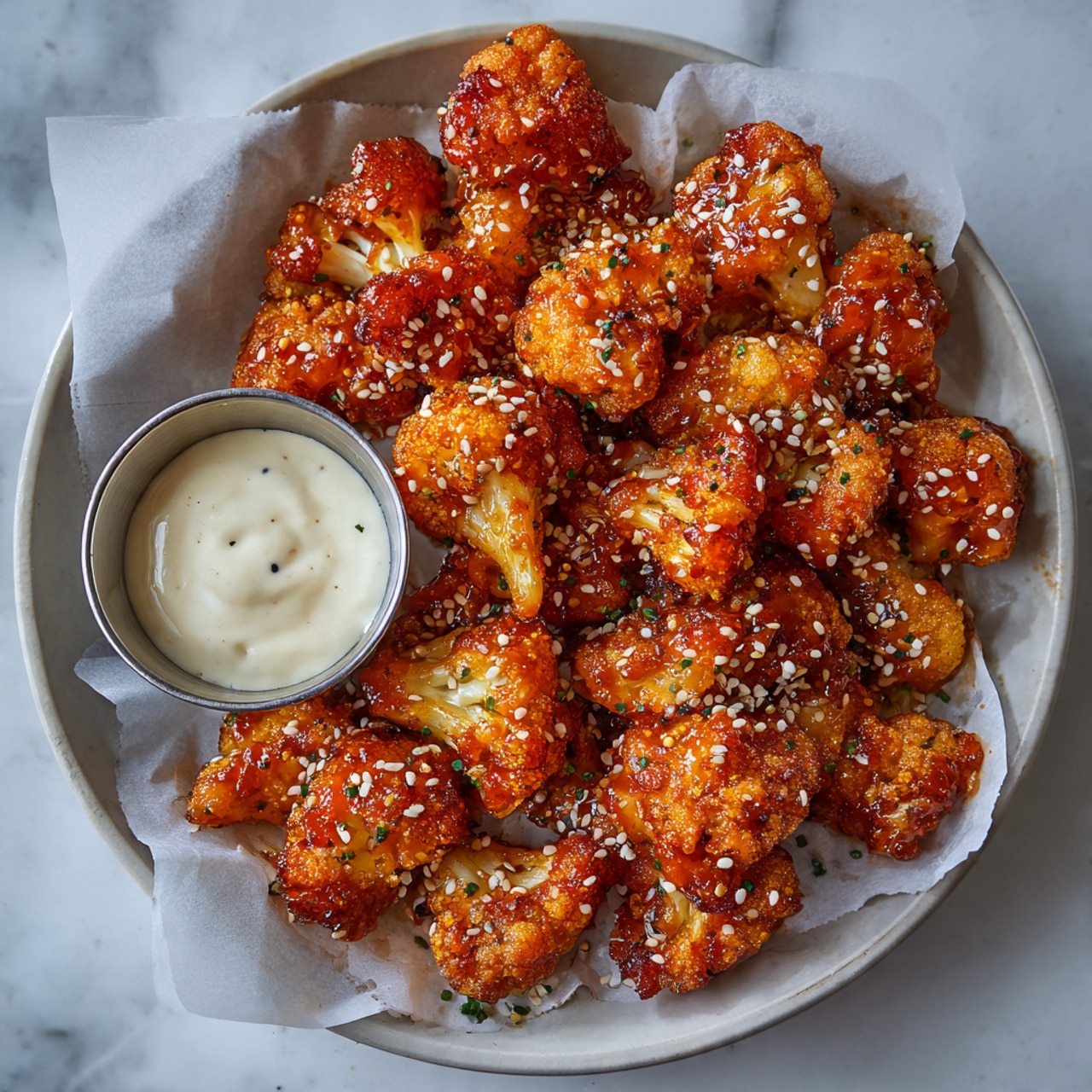 The image shows a round white plate with a layer of light brown parchment paper on top. On the parchment paper, there are several pieces of crispy fried chicken wings covered in a bright orange-red sauce with a glossy texture, sprinkled with white sesame seeds. To the left side of the chicken, there is a small metal cup filled with creamy white dipping sauce. The plate is placed on a white marbled surface. Photo taken with an iphone --ar 4:5 --v 7