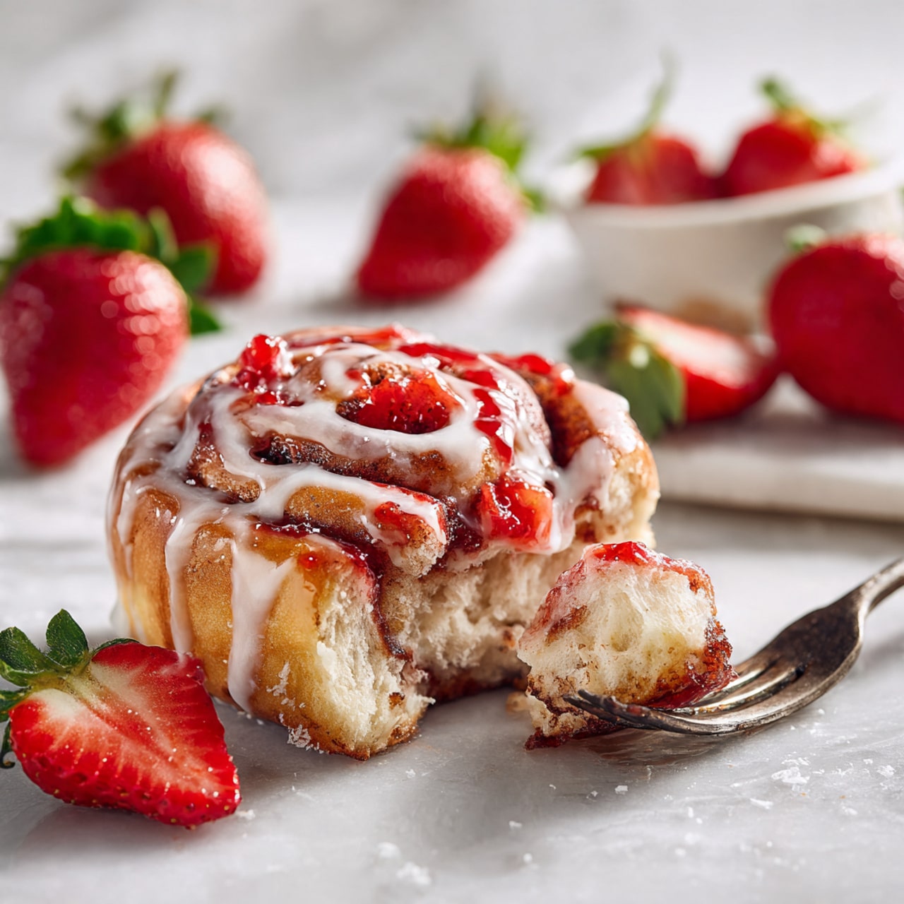 A white plate holds a cinnamon roll in the center, topped with white icing and a red jam swirl, showing shiny and slightly sticky textures. Around the roll, there are seven whole red strawberries with bright, fresh skins. A silver fork rests on the plate's edge, holding a piece of the cinnamon roll covered with white icing. In the background, part of another cinnamon roll with white icing is visible in a clear white dish, all set on a white marbled surface. Photo taken with an iphone --ar 4:5 --v 7