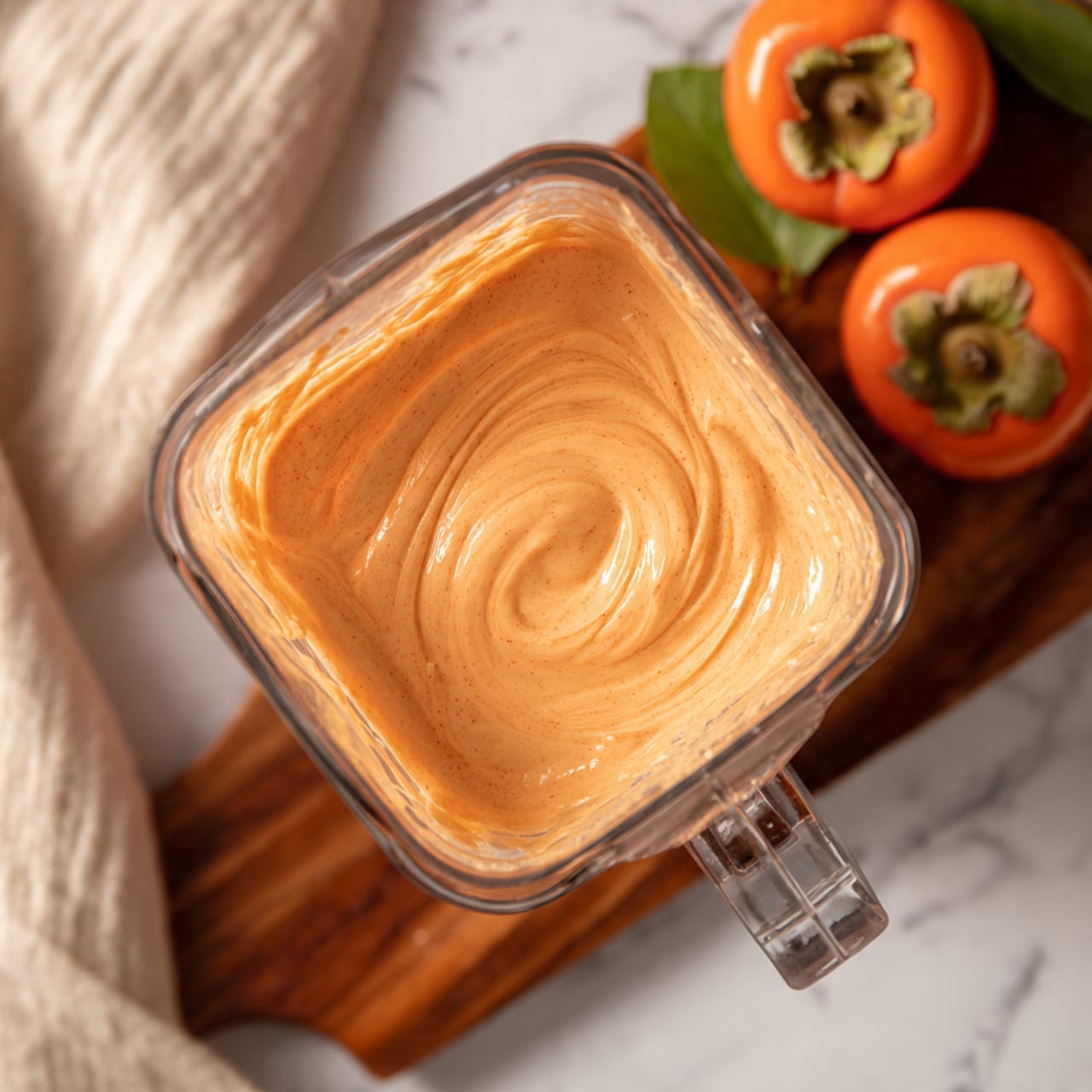 A clear glass blender jar seen from above shows a smooth, light orange creamy mixture inside, with some stuck on the sides, creating soft swirls and patches of creaminess. The blender jar handle is visible at the bottom of the image. In the background, two bright orange persimmons with green leaves rest on a dark wooden cutting board, next to a soft beige cloth folded casually. The whole scene is set on a white marbled surface. photo taken with an iphone --ar 4:5 --v 7