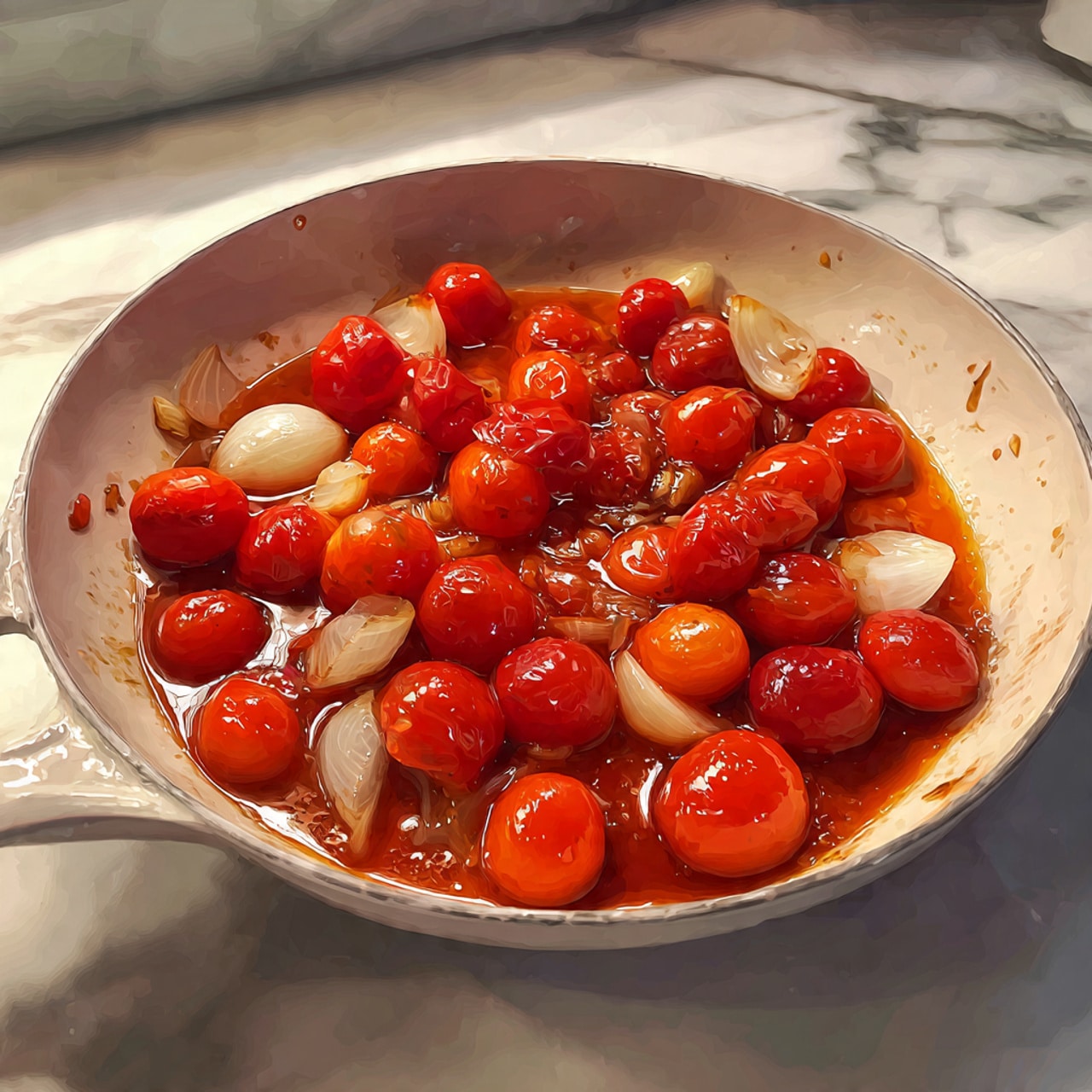 The image shows a pan with cooked cherry tomatoes that are soft and bright red, mixed with small pieces of light pink onions, all covered in a glossy, slightly thick sauce that has orange and brown tones. The tomatoes are spread out mostly in the center and edges of the white pan, with some parts slightly mashed, creating a textured look. The onions are scattered evenly among the tomatoes, adding a contrast with their lighter color and smooth texture. The pan sits on a white marbled surface. Photo taken with an iphone --ar 4:5 --v 7