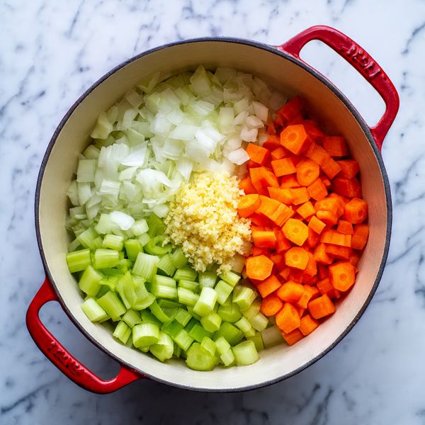 Inside a white pot with red handles, there are four sections of chopped vegetables arranged separately. At the top, pale white chopped onions form the largest section. To the right of the onions, light green chopped celery pieces create another section. Below the celery, bright orange chopped carrots add a splash of color. In the center of the pot, there is a small pile of minced garlic that is pale yellow. The pot sits on a white marbled surface photo taken with an iphone --ar 4:5 --v 7