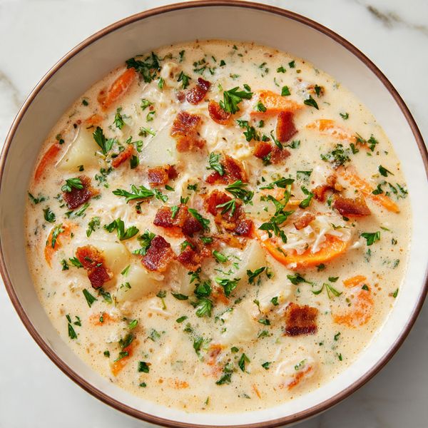 A close-up of creamy soup in a white bowl with a brown rim, sitting on a white marbled surface. The soup is thick and light orange in color with chunks of orange carrots, pale yellow potatoes, and small green parsley pieces scattered on top. Small crispy brown bacon bits are spread evenly across the surface of the soup, adding texture and color contrast. The soup has a smooth but chunky texture with visible herbs and bits mixed in, filling the bowl almost to the edge. Photo taken with an iphone --ar 4:5 --v 7