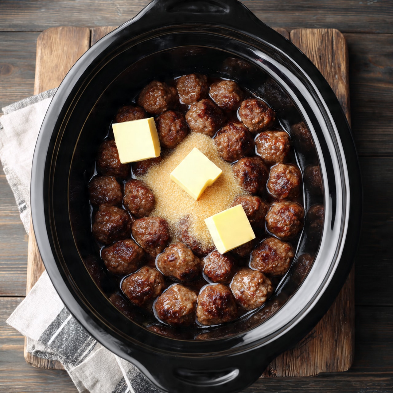 The image shows a black slow cooker filled with many small, round meatballs piled together as the bottom layer. On top of the meatballs, there is a layer of light brown sugar in a loose pile in the center, along with two small squares of yellow butter placed separately on different parts of the meatballs. The inside of the slow cooker is smooth and shiny, and the cooker sits on a wooden surface with a cloth nearby. Photo taken with an iphone --ar 4:5 --v 7