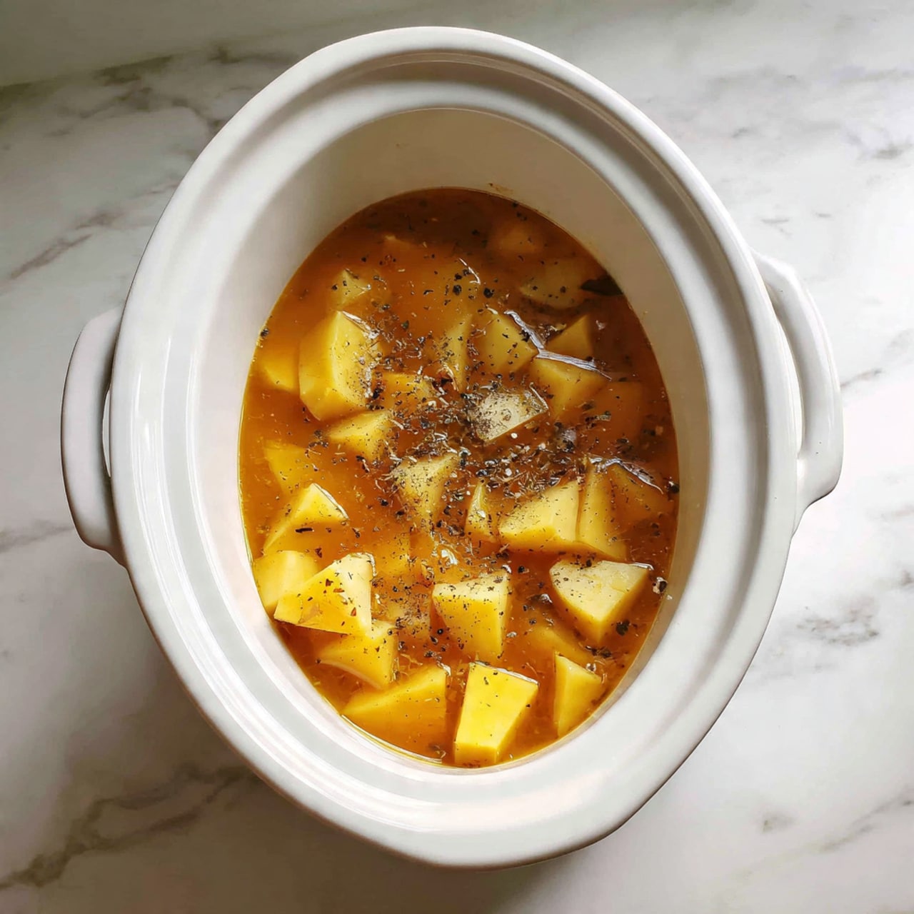 A white oval slow cooker filled with a layer of orange broth covering most of the bottom, with small cubes of peeled yellow potatoes scattered mostly on one side and a small pile of black pepper in the center of the cooker, all placed on a white marbled surface photo taken with an iphone --ar 4:5 --v 7