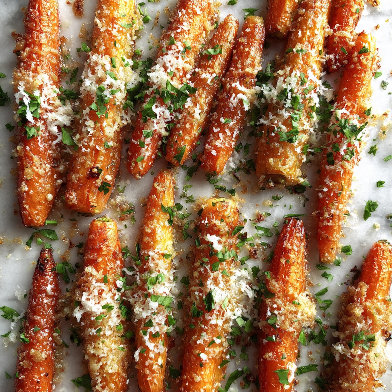 The image shows a silver baking tray filled with 28 small rectangular pieces of crispy, golden-brown baked food arranged in four rows. Each piece is topped with green chopped herbs scattered evenly across the tray. The base is lined with white parchment paper, slightly stained with oil and bits of seasoning. The tray sits on a white marbled surface with a clean, bright background. photo taken with an iphone --ar 4:5 --v 7