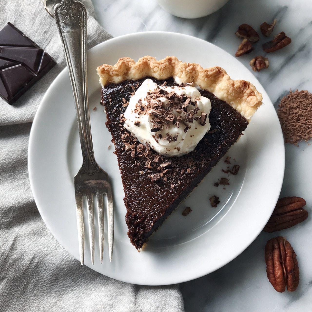 A close-up photo of a slice of dark brown pecan pie with a crumbly texture, showing small nut pieces inside. The pie has a golden-brown crust with a wavy edge, forming one outer layer. The slice is being lifted by a spoon, revealing the white plate of the whole pie underneath. On top of the slice is a dollop of white whipped cream sprinkled with tiny brown chocolate shavings. The surface beneath the pie is a white marbled texture, with some whole pecans scattered around. Photo taken with an iphone --ar 4:5 --v 7