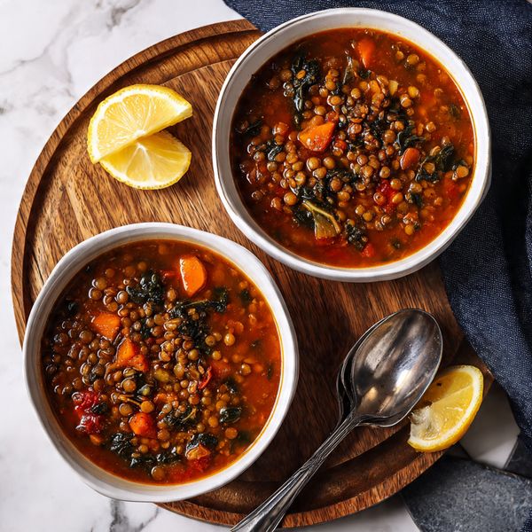 Two white bowls filled with thick lentil soup sit on a round wooden board over a white marbled surface. The soup has a rich, reddish-brown broth with visible lentils, orange carrot pieces, red tomato chunks, and dark green leafy vegetables mixed throughout. Each bowl has a silver spoon resting inside. Near the bottom right, part of a sliced lemon is visible against the white marbled background, and a dark navy blue cloth lies under the wooden board. Photo taken with an iphone --ar 4:5 --v 7