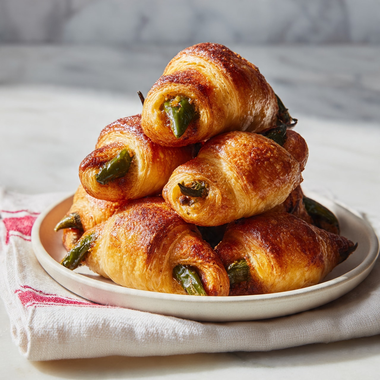 The image shows a white plate stacked with multiple golden-brown pastry rolls, each wrapped around green jalapeno peppers. The rolls have a flaky texture with a shiny, slightly seasoned surface that appears crispy. The pastries are arranged in a small pile, with some jalapeno tips visible poking out of the flaky dough. The plate sits on a white marbled surface with a blurred white and light-colored background. A white cloth with a red stripe is partially visible under the plate. photo taken with an iphone --ar 4:5 --v 7