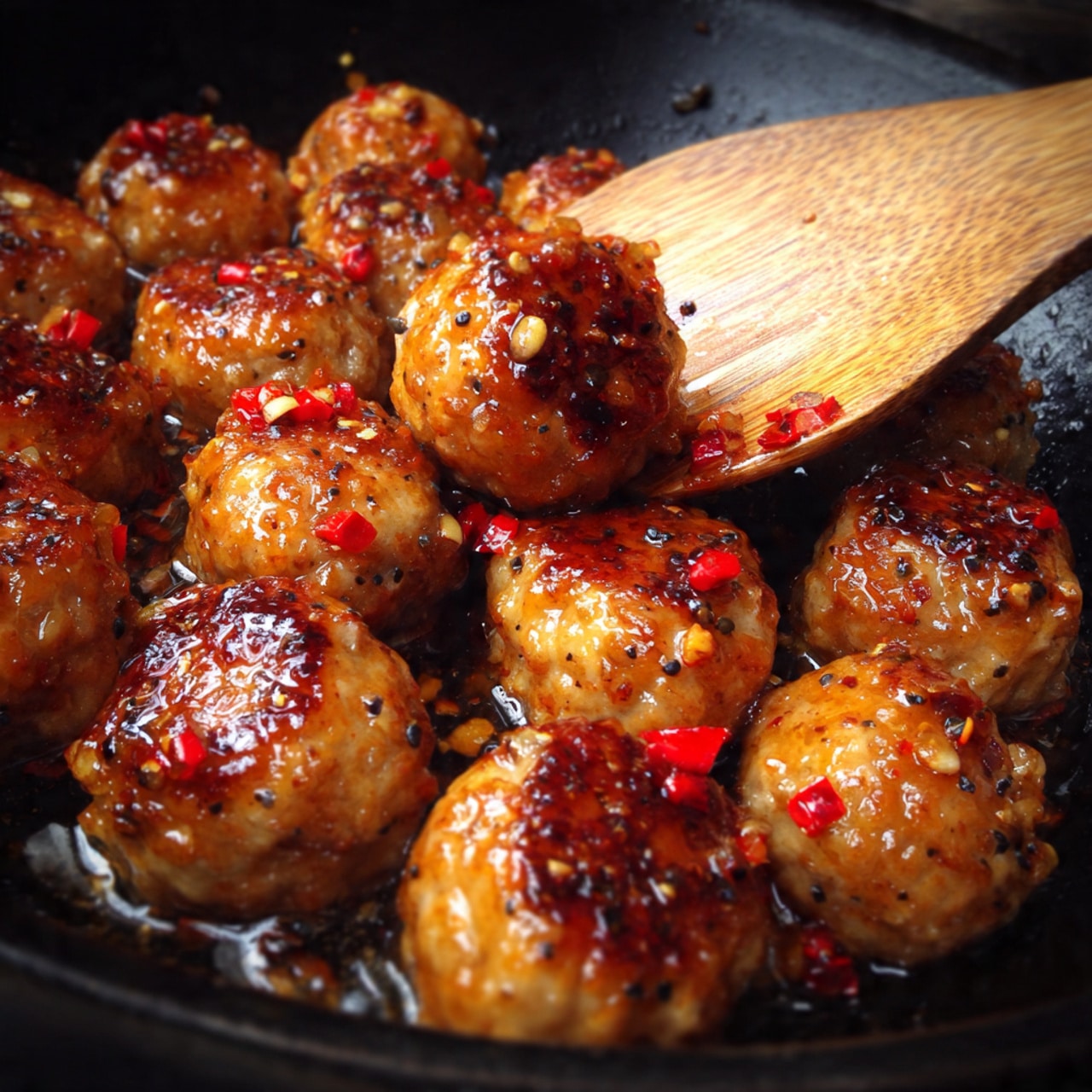 The image shows many small, round meatballs with a shiny, glazed surface that looks sticky and flavorful. They are a warm golden brown color with visible black pepper and tiny red chili flakes, giving them a spicy look. The meatballs sit closely together inside a dark pan, with a wooden spoon lifting a few meatballs, showing their smooth and slightly rough texture. The background is a white marbled texture. photo taken with an iphone --ar 4:5 --v 7