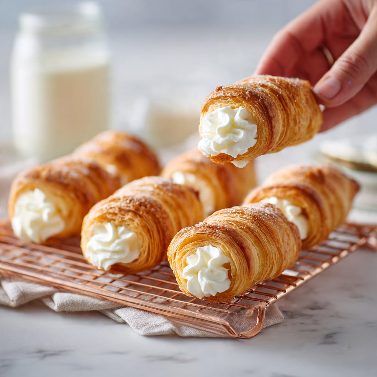 The image shows five golden brown pastry rolls filled with white cream, each with a flaky and layered texture. They are placed on a copper wire rack, with a white marbled surface underneath visible around the edges. The pastries are arranged in a scattered way, and a glass jar with a white liquid is blurred in the background. A woman's hand is holding one pastry roll in the foreground, showing the creamy filling at the ends clearly. The overall lighting is bright, highlighting the flaky layers and smooth cream of the pastries photo taken with an iphone --ar 4:5 --v 7