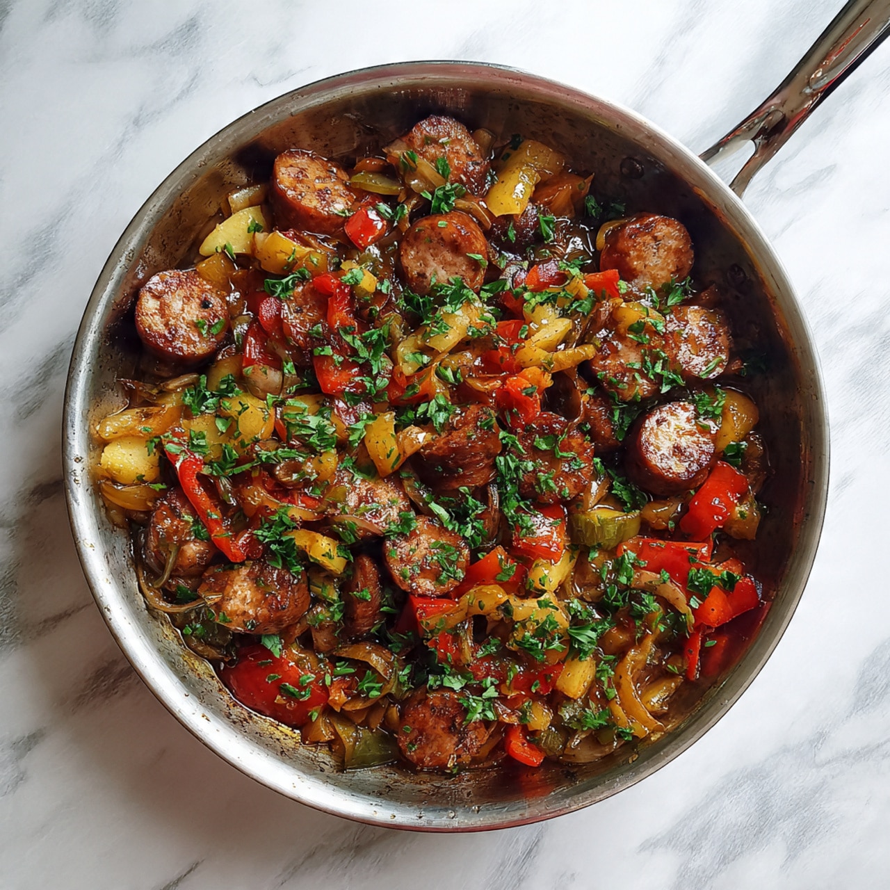 A close-up of a black pan filled with a colorful mix of cooked vegetables and sausage slices. The bottom layer is bright yellow corn kernels scattered evenly, mixed with chunks of red bell pepper. On top of this, there are green zucchini slices and circular sausage pieces that are browned and shiny, spread all over. The dish is topped with finely chopped green herbs sprinkled evenly. The pan is set on a white marbled surface. photo taken with an iphone --ar 4:5 --v 7