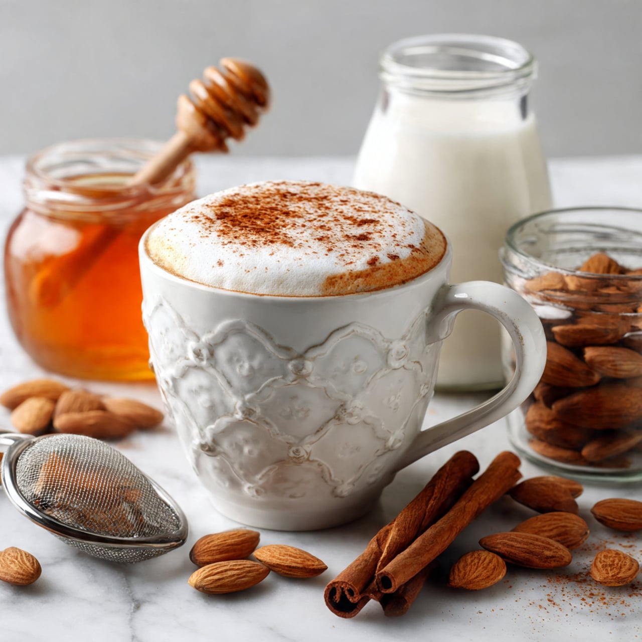 A white cup with green patterns is filled with a frothy drink topped with a thick layer of cinnamon powder, showing a rich brown color on the creamy white surface. The cup sits on a wooden table, surrounded by two cinnamon sticks and a few almonds near the bottom left. In the foreground, an open jar of golden honey adds a smooth, shiny texture. To the top left, a glass bottle of milk rests on a wooden board, with a small metal sieve holding cinnamon powder beside it. A silver spoon lies to the right of the cup, and a soft white cloth is partially visible in the top right corner. The background is a white marbled surface photo taken with an iphone --ar 4:5 --v 7